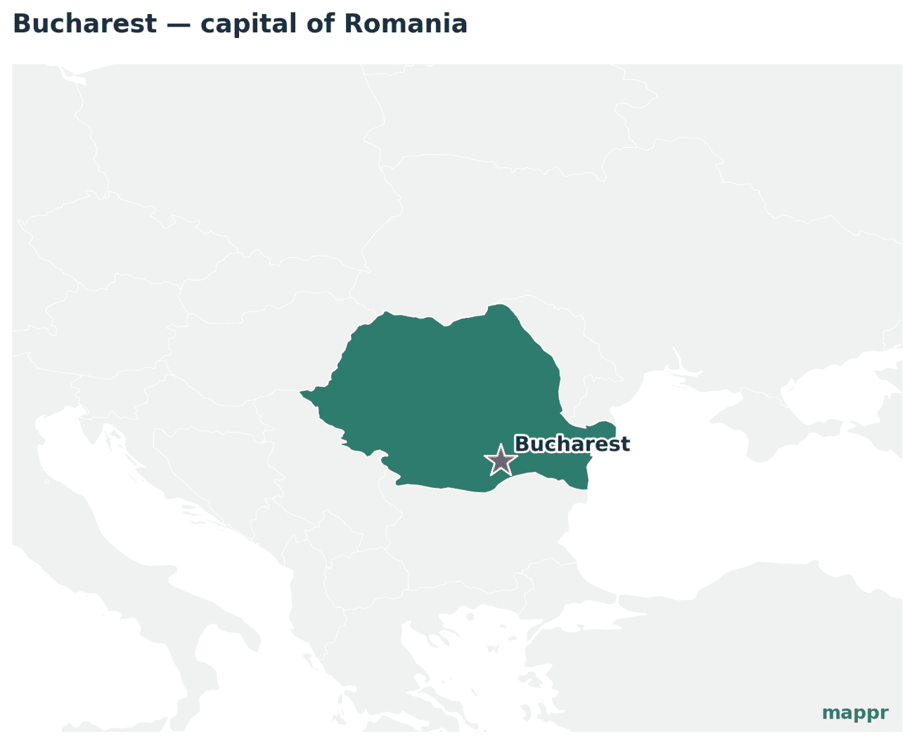 Map showing the location of Bucharest, the capital of Romania