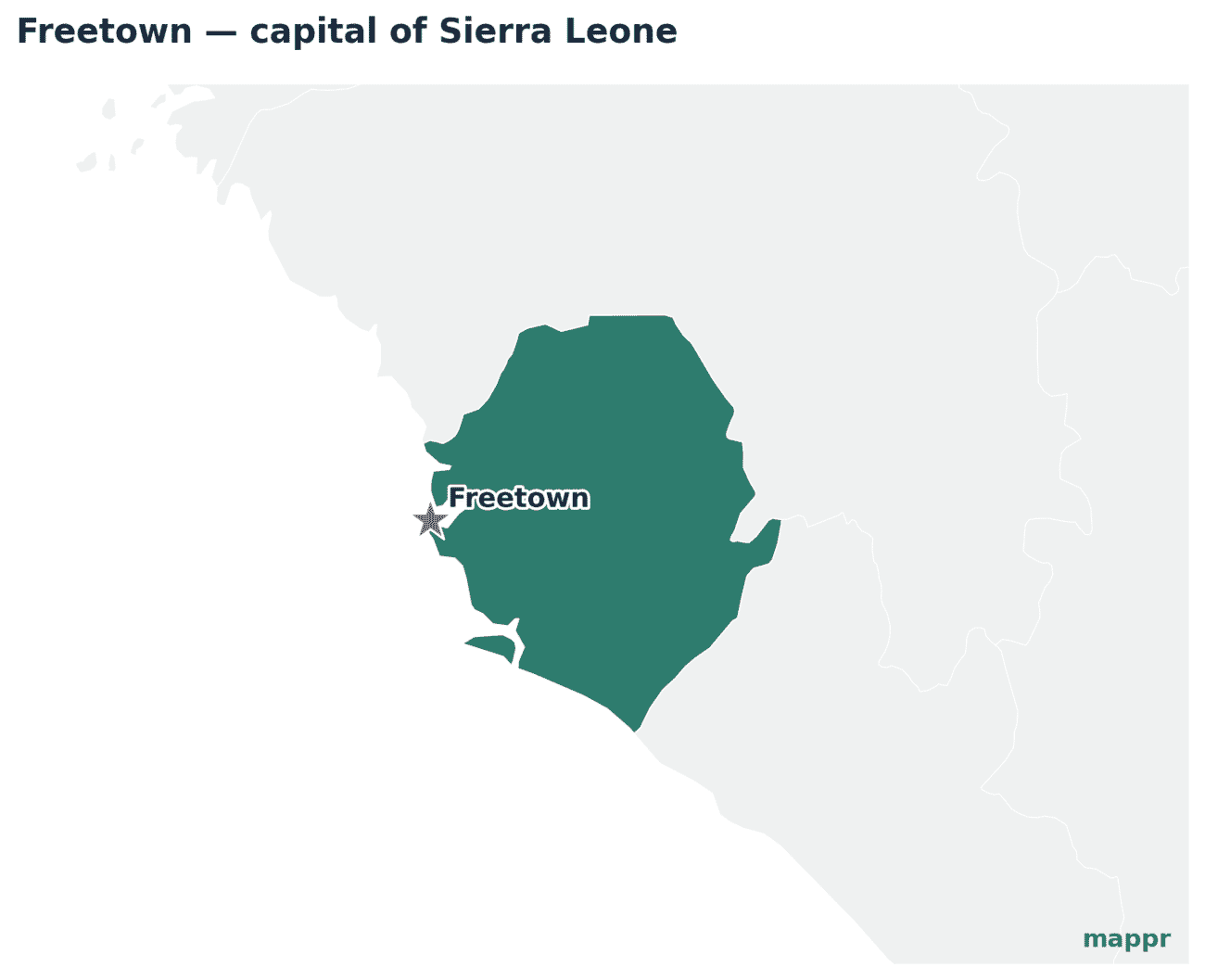 Map showing the location of Freetown, the capital of Sierra Leone