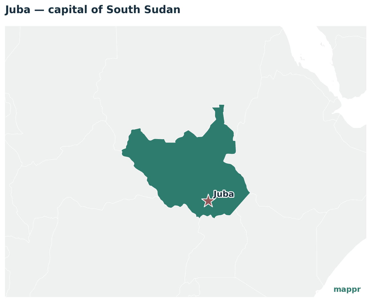 Map showing the location of Juba, the capital of South Sudan
