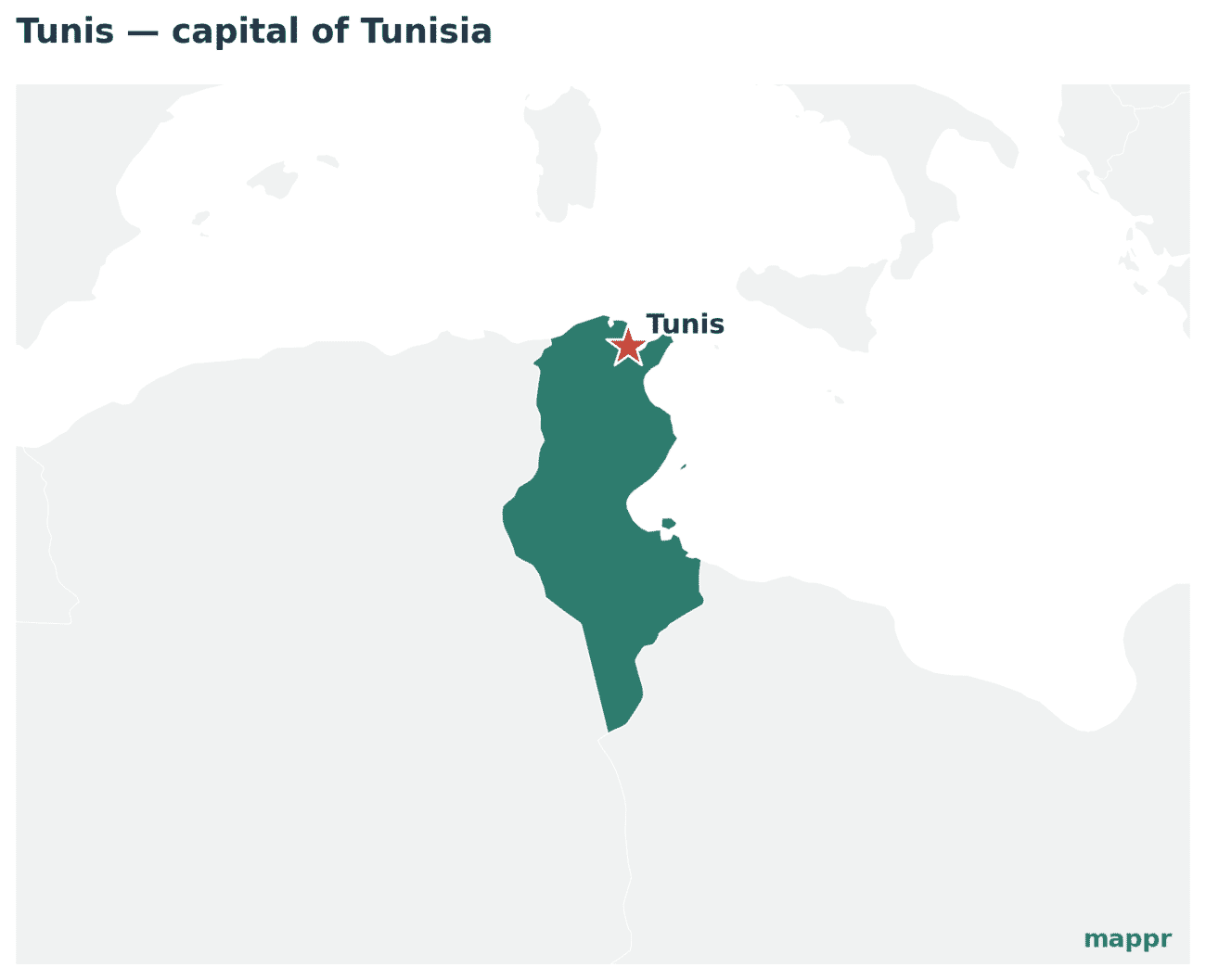 Map showing the location of Tunis, the capital of Tunisia