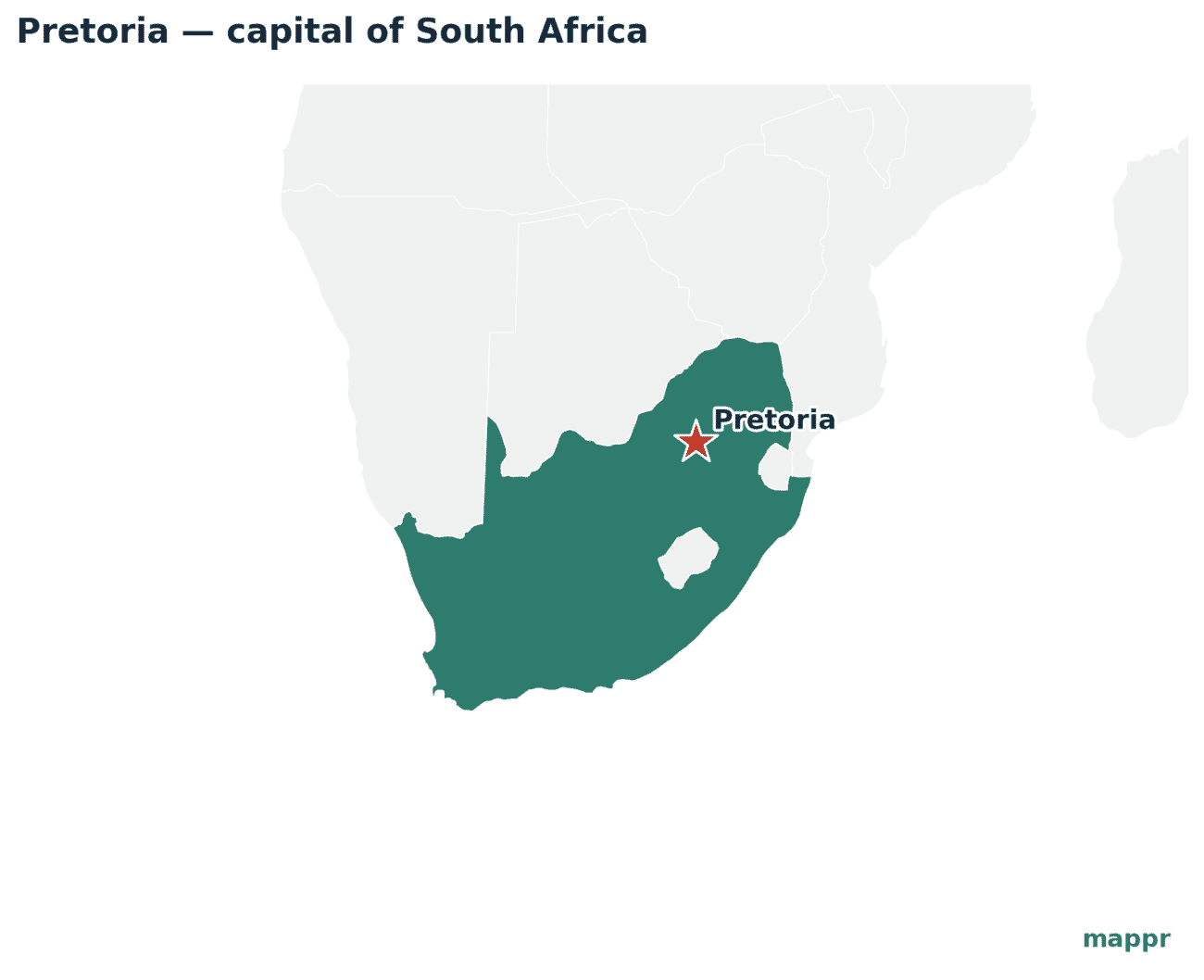 Map showing the location of Pretoria, the capital of South Africa