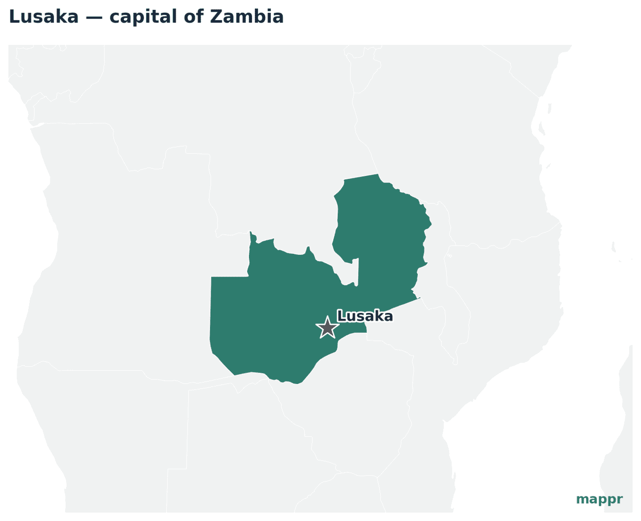 Map showing the location of Lusaka, the capital of Zambia