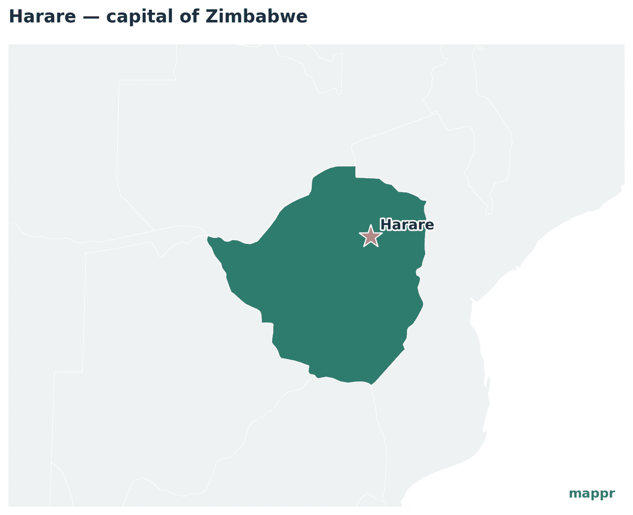 Map showing the location of Harare, the capital of Zimbabwe