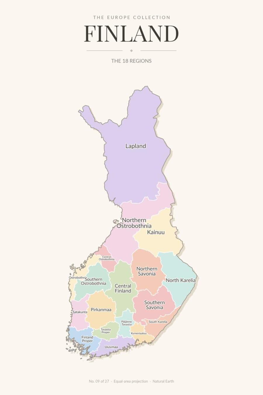 Map of Finland showing its 18 regions