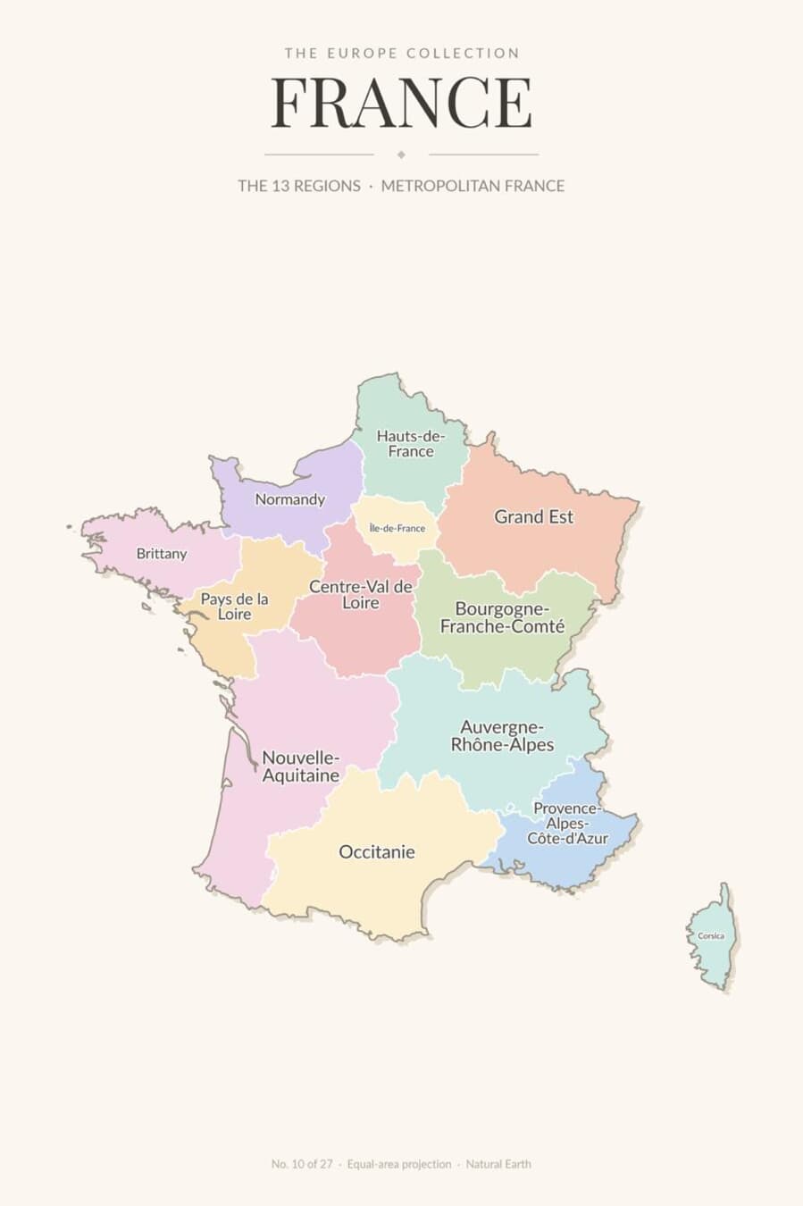 Map of France showing its 13 regions of metropolitan France