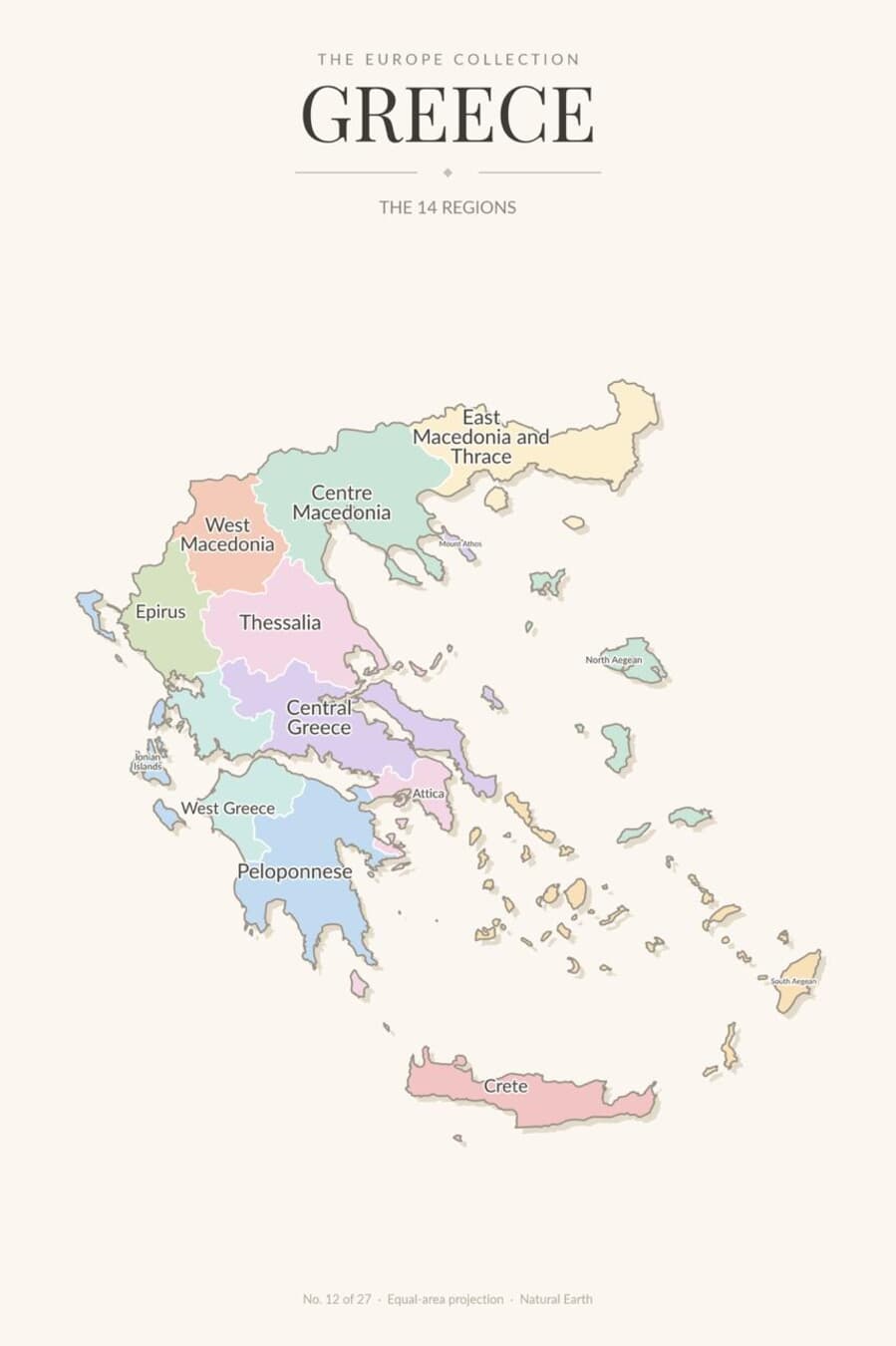 Map of Greece showing its 14 regions