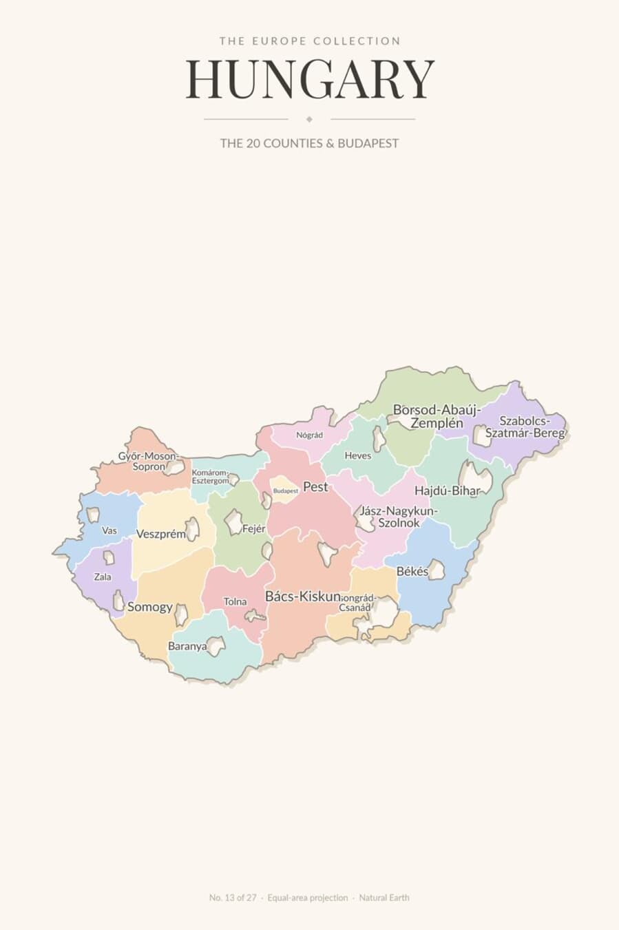 Map of Hungary showing its 20 counties and Budapest