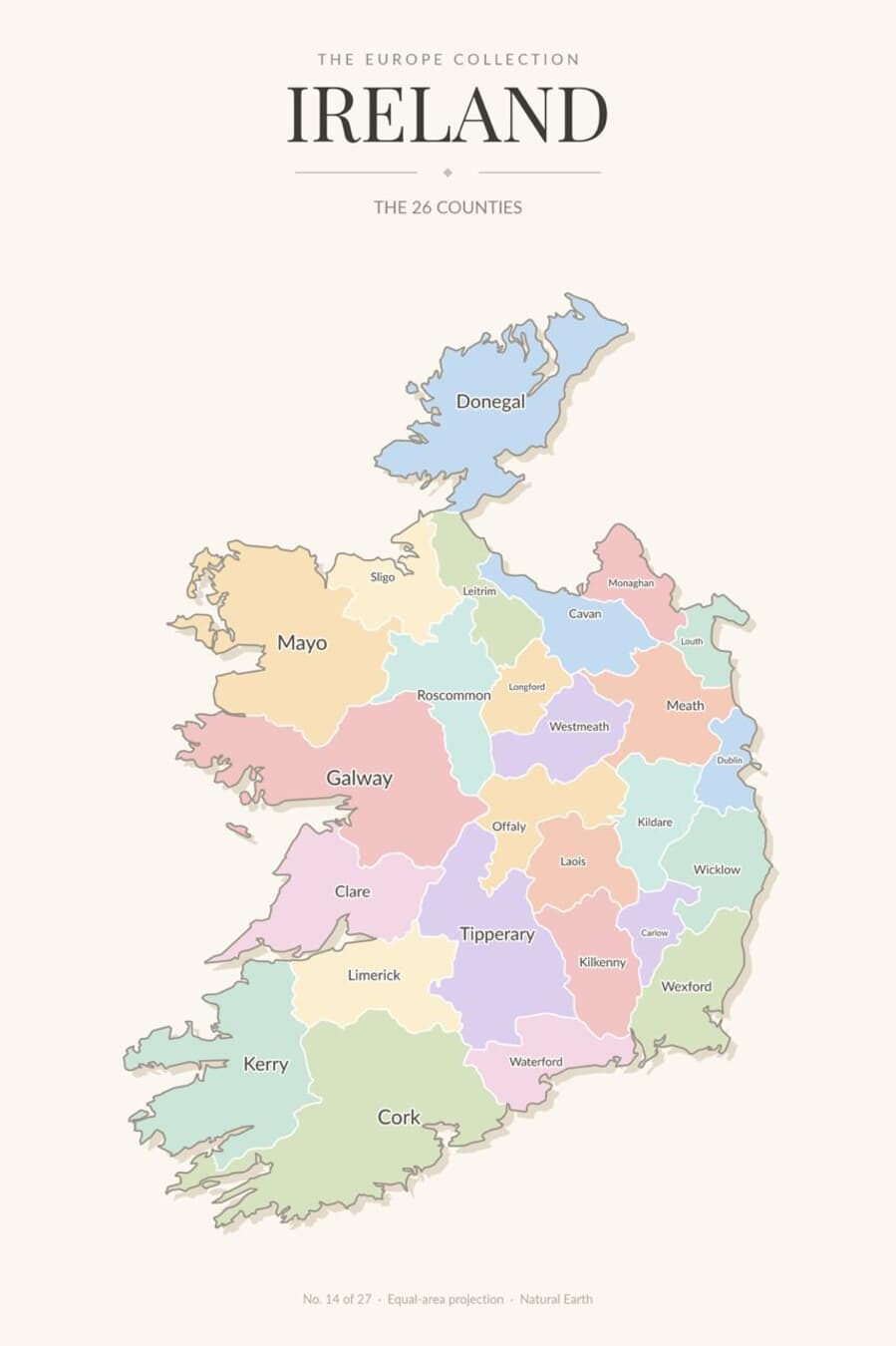 Map of Ireland showing its 26 counties