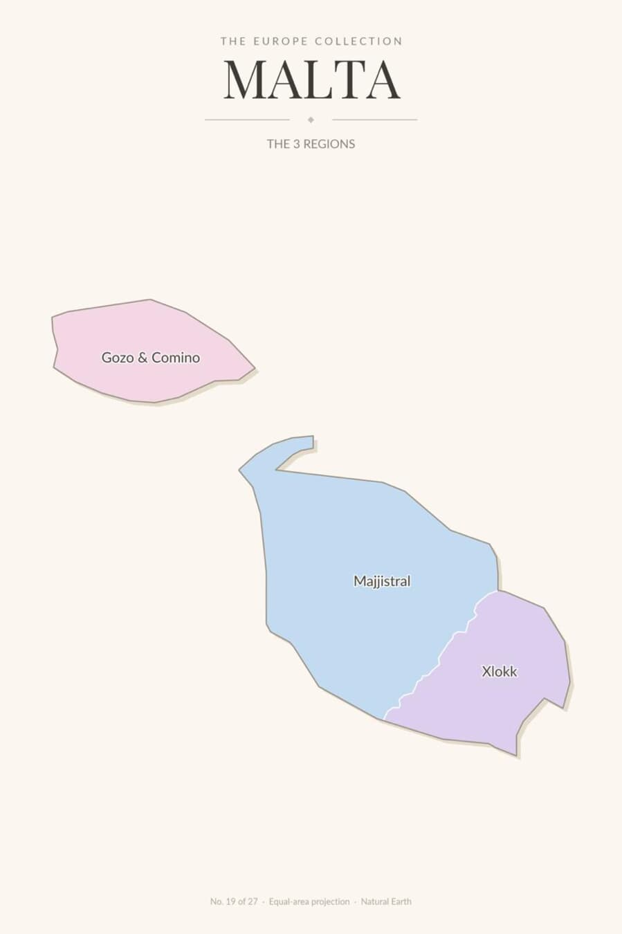 Map of Malta showing its 3 regions