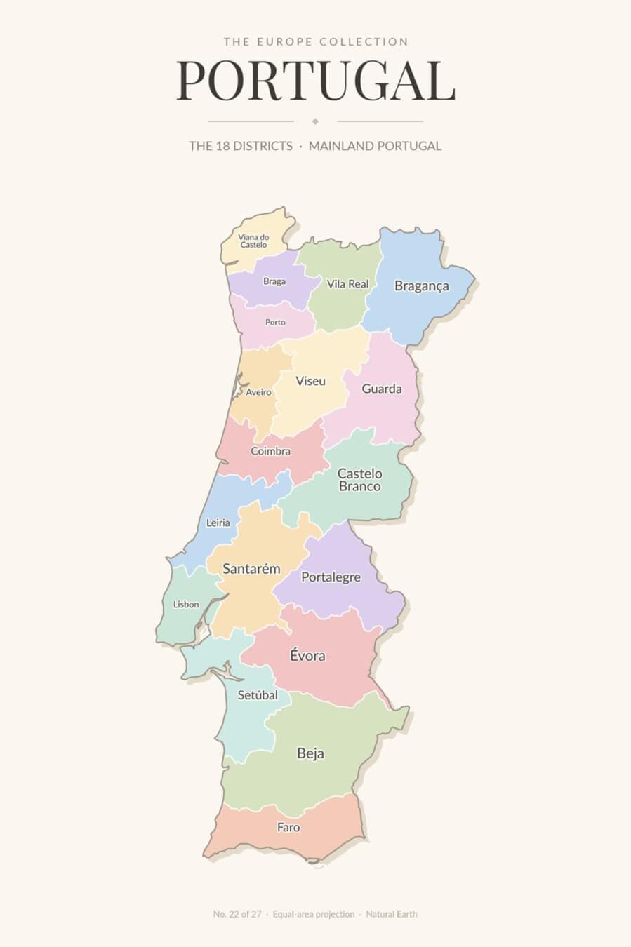 Map of Portugal showing its 18 districts of mainland Portugal