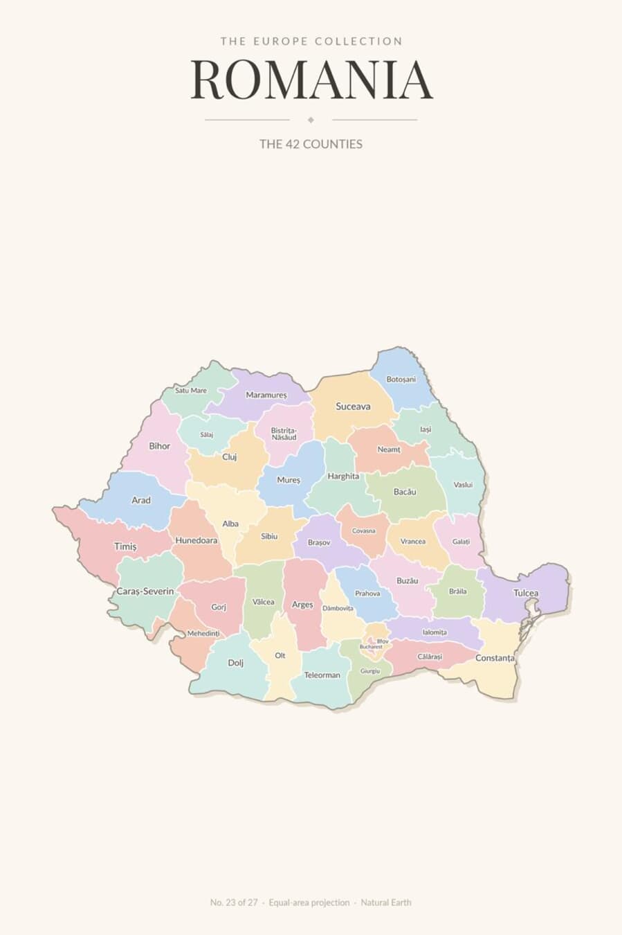 Map of Romania showing its 42 counties