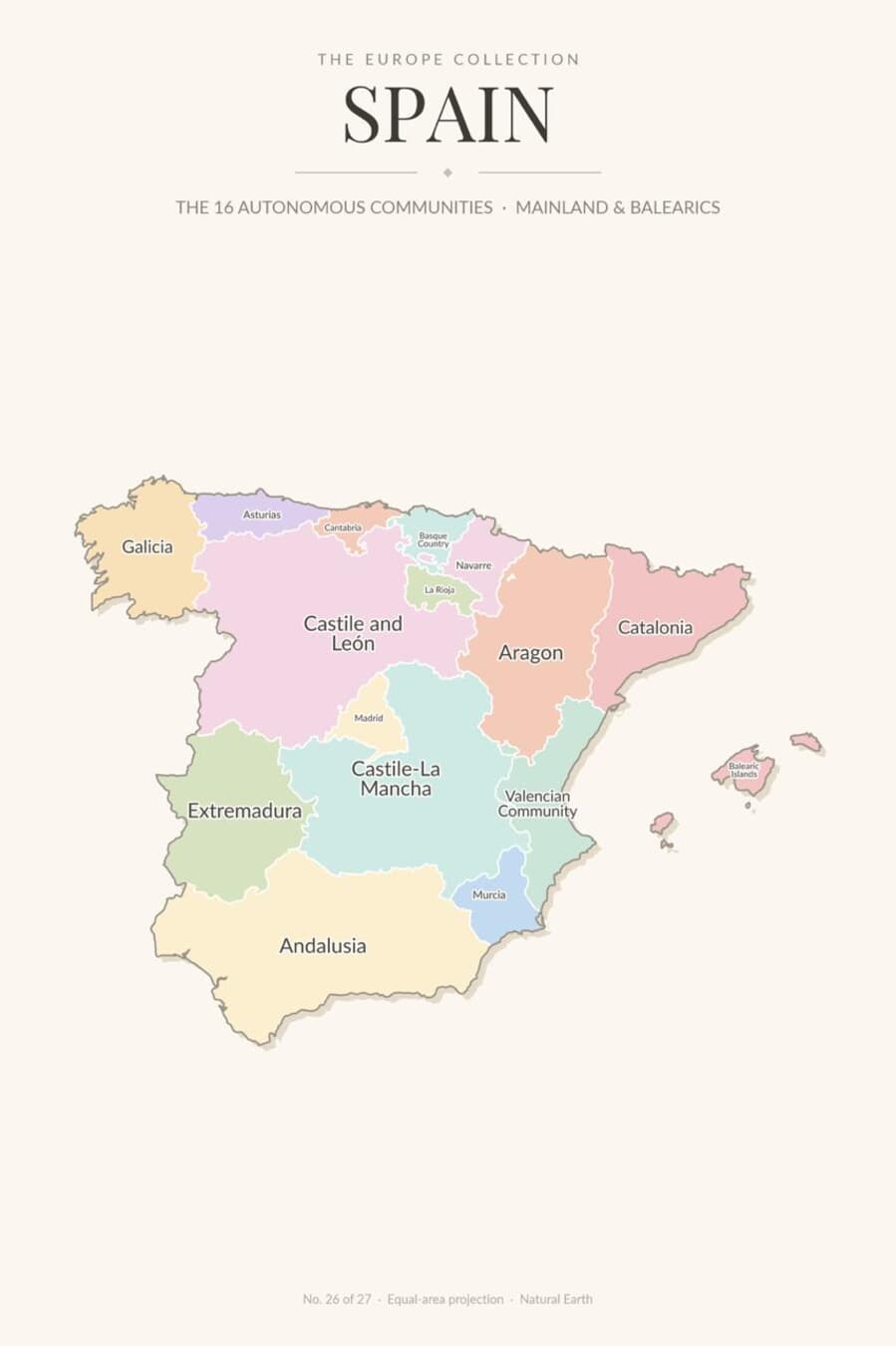 Map of Spain showing its 17 autonomous communities (mainland and the Balearics)