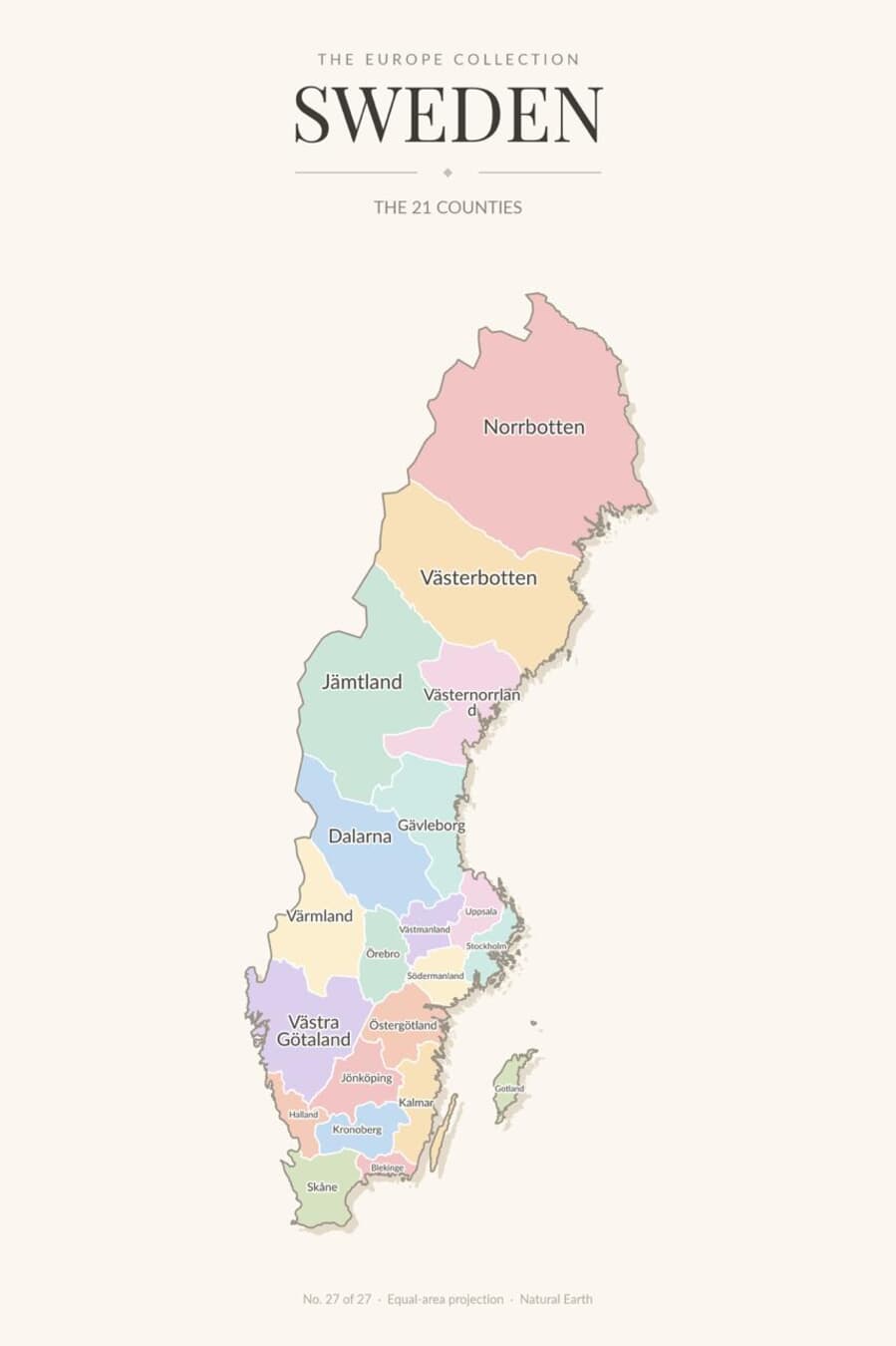 Map of Sweden showing its 21 counties