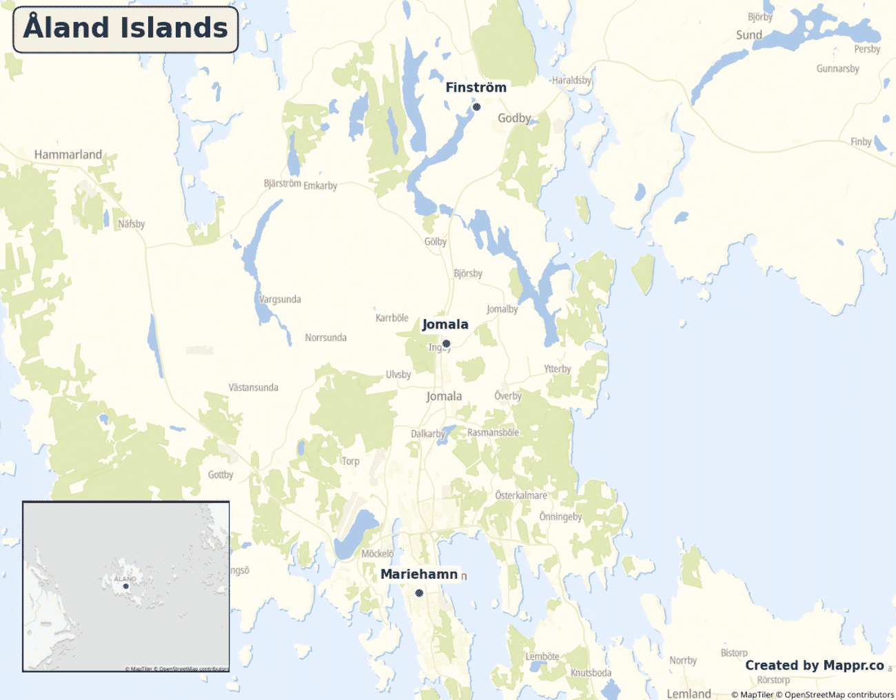 Detailed map of Åland Islands showing its main towns