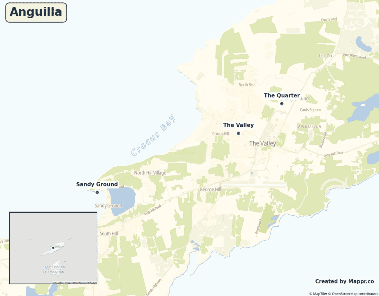 Detailed map of Anguilla showing its main towns