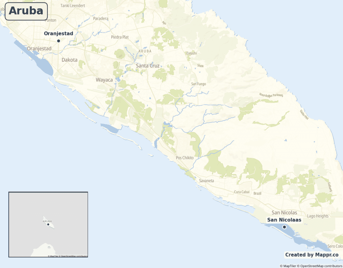 Map of Aruba showing its largest cities