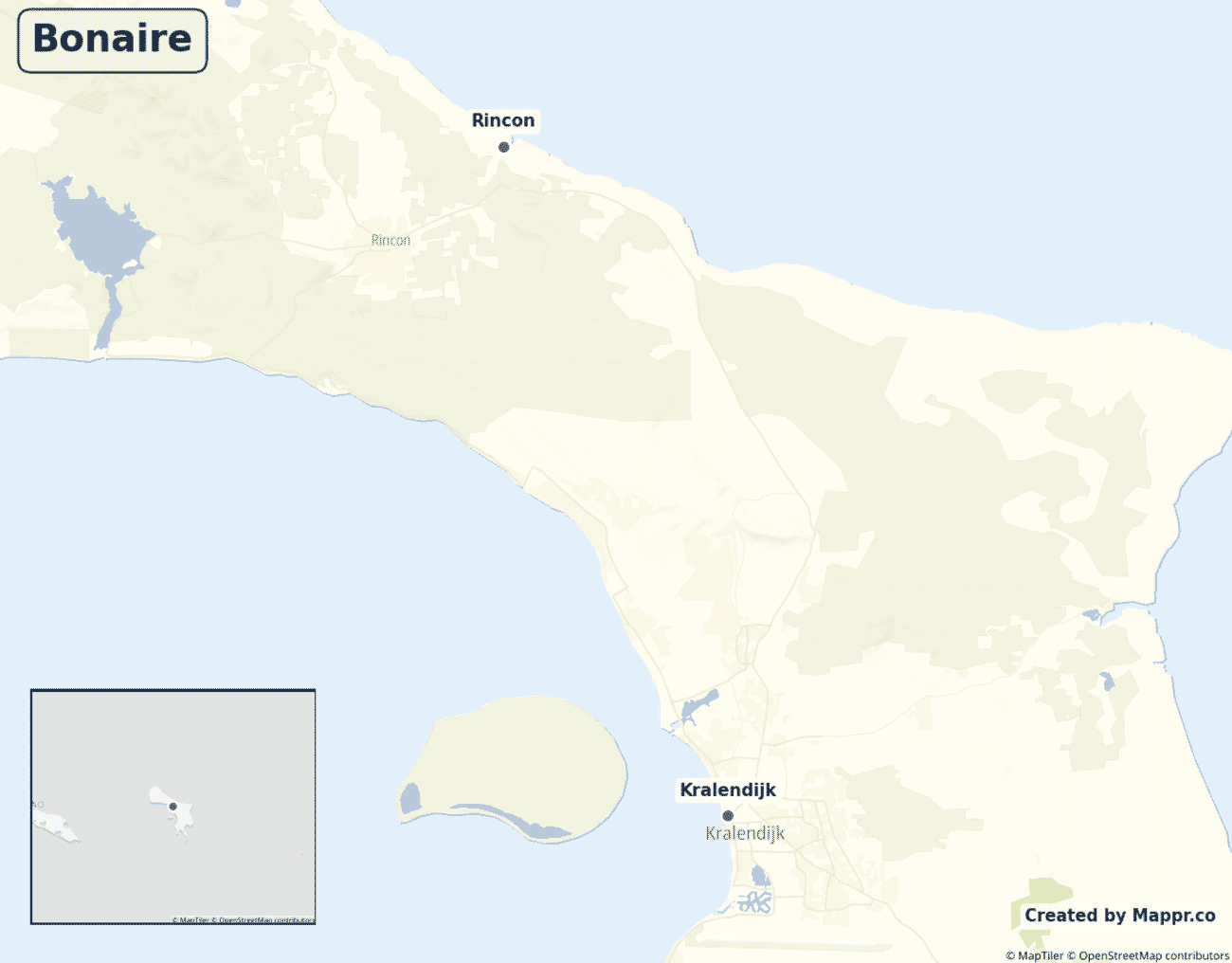 Detailed map of Bonaire showing its main towns