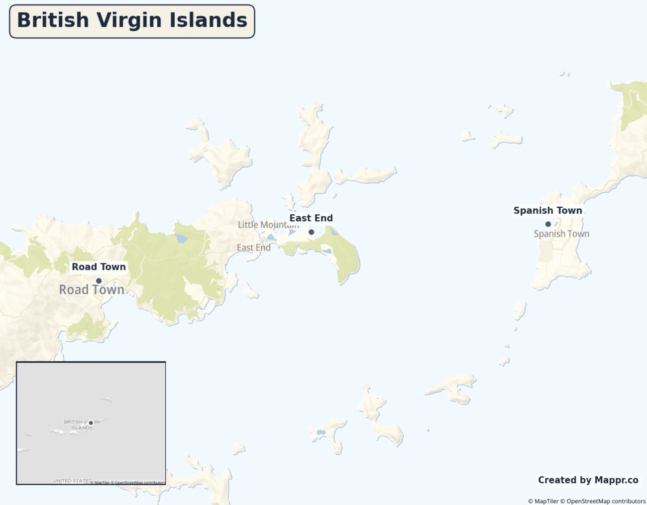 Detailed map of British Virgin Islands showing its main towns
