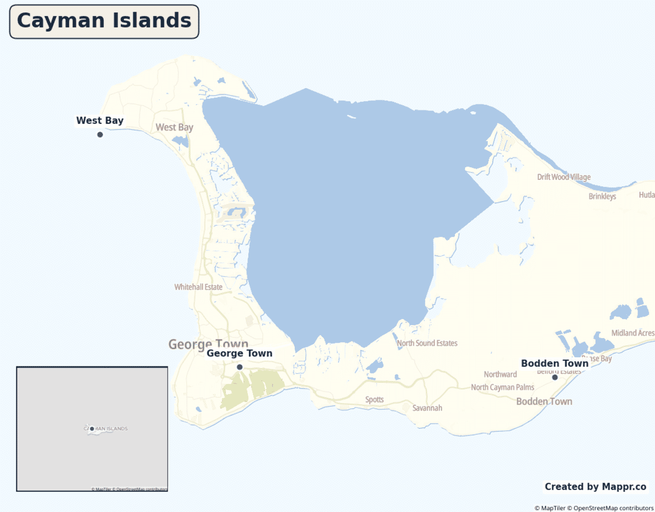 Map of the Cayman Islands showing its largest cities