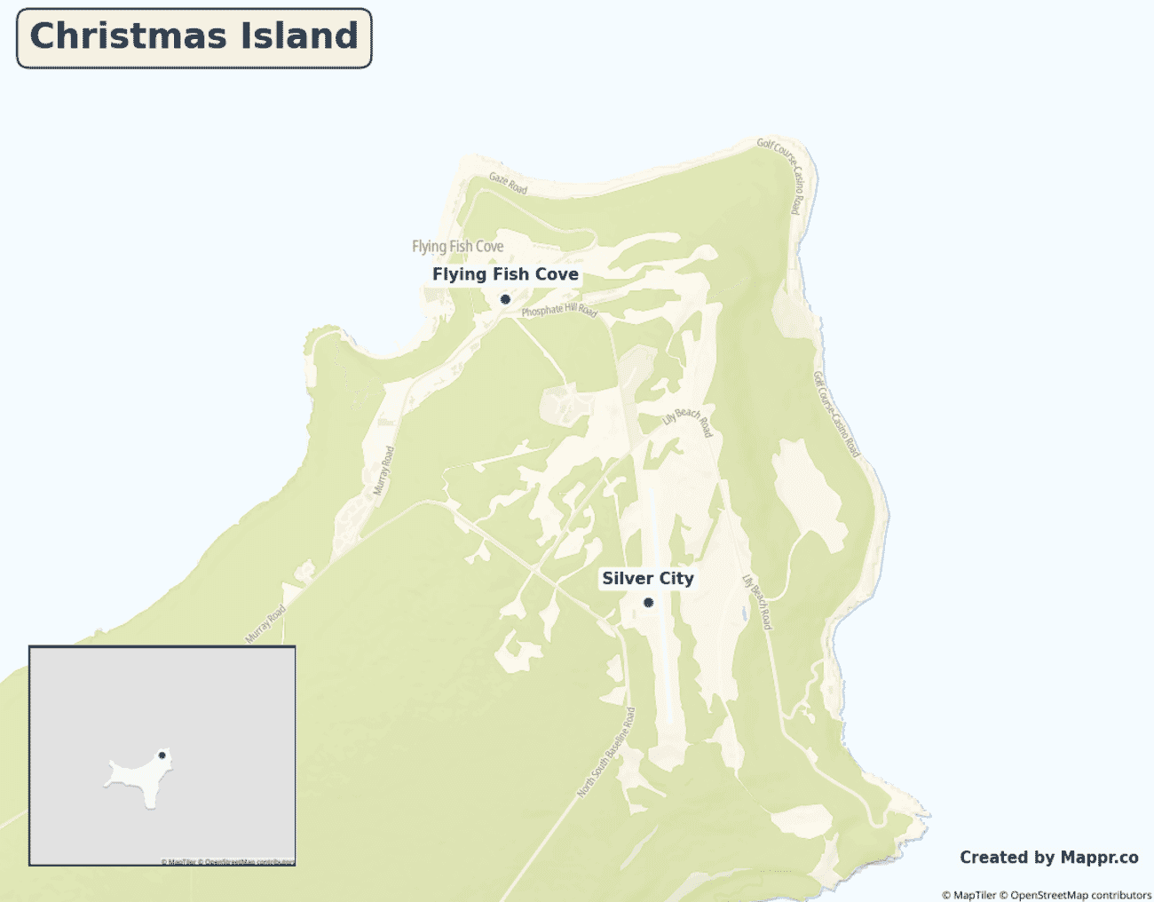 Detailed map of Christmas Island showing its main towns