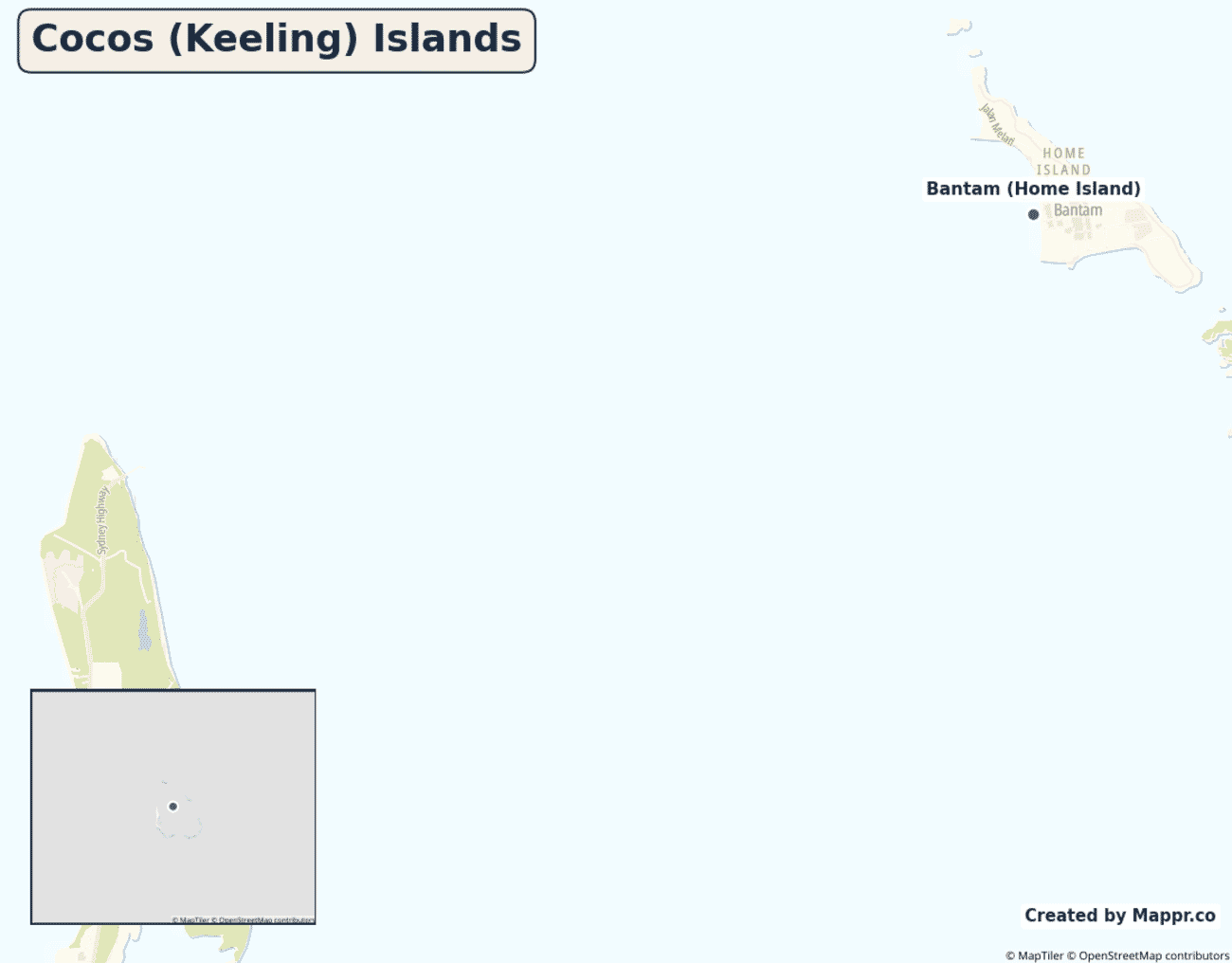 Detailed map of Cocos (Keeling) Islands showing its main towns