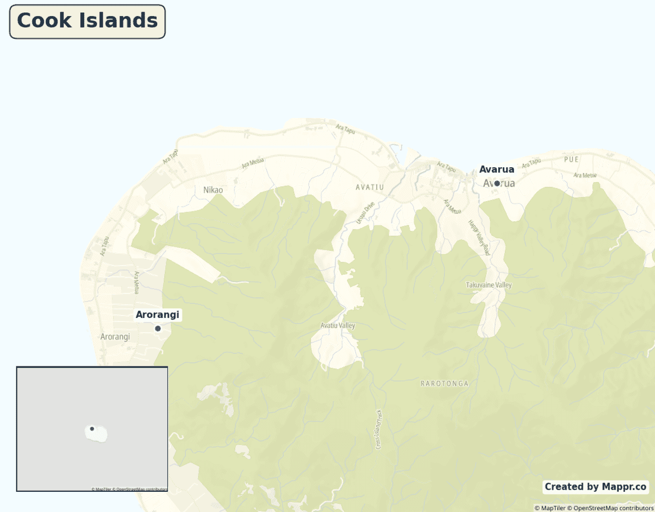 Detailed map of Cook Islands showing its main towns