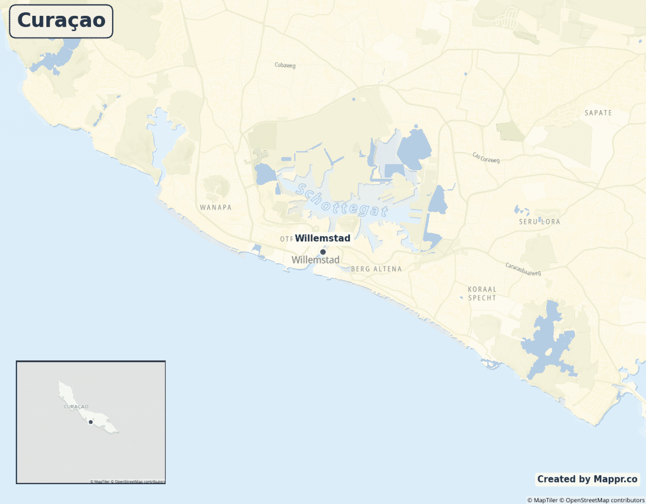 Map of Curaçao showing its largest cities