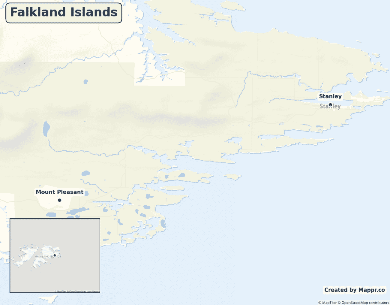 Detailed map of Falkland Islands showing its main towns