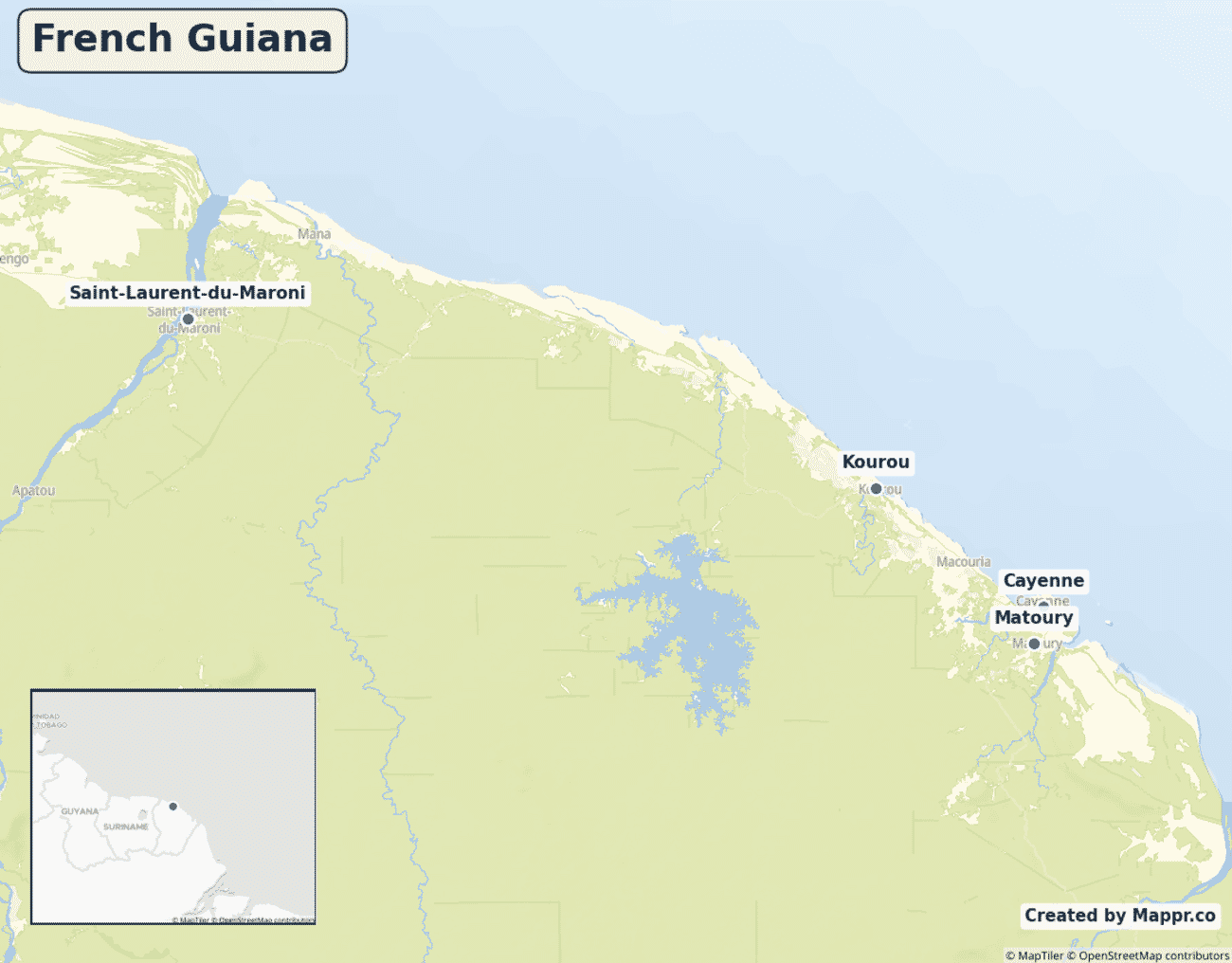 Detailed map of French Guiana showing its main towns