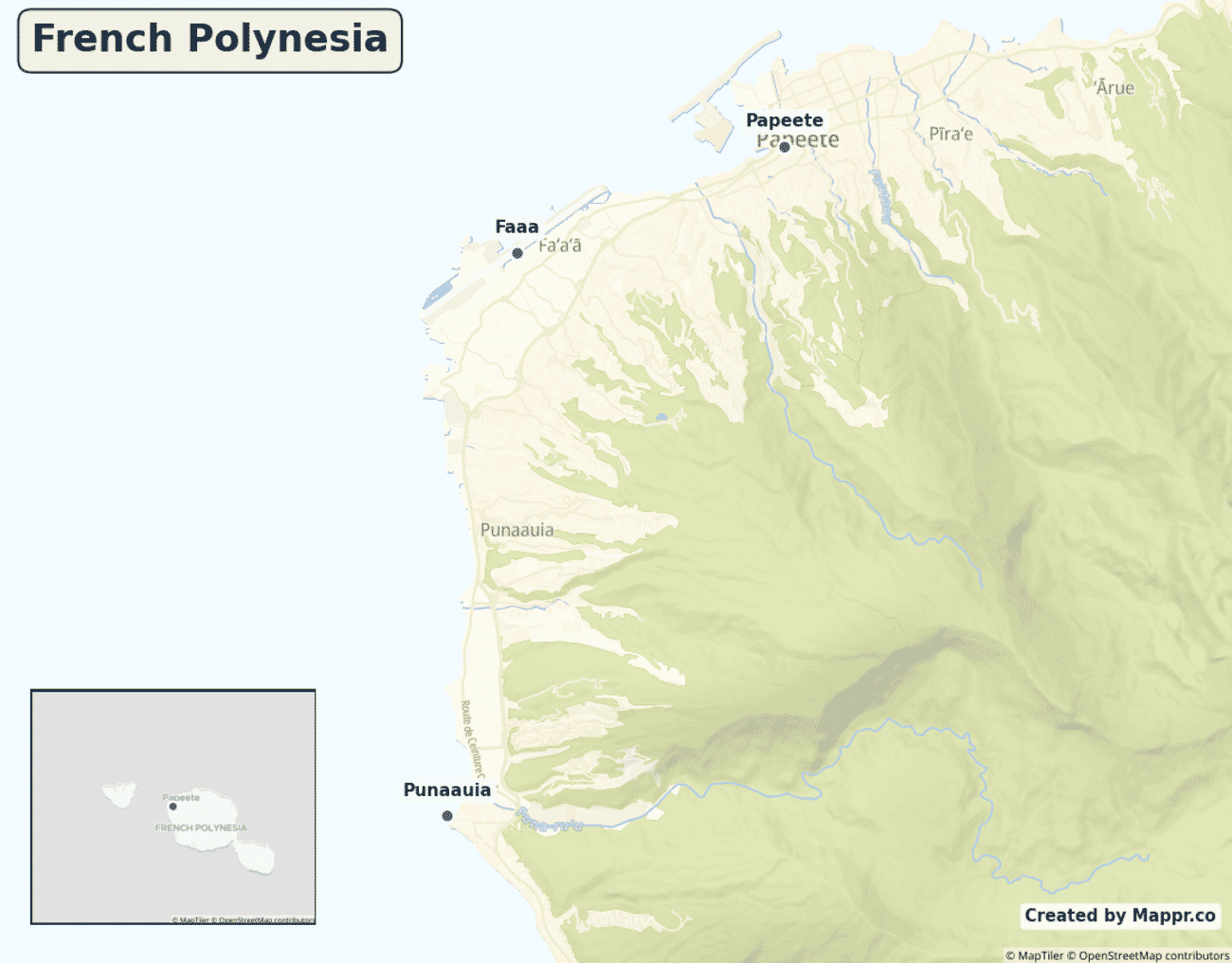 Map of French Polynesia showing its largest cities