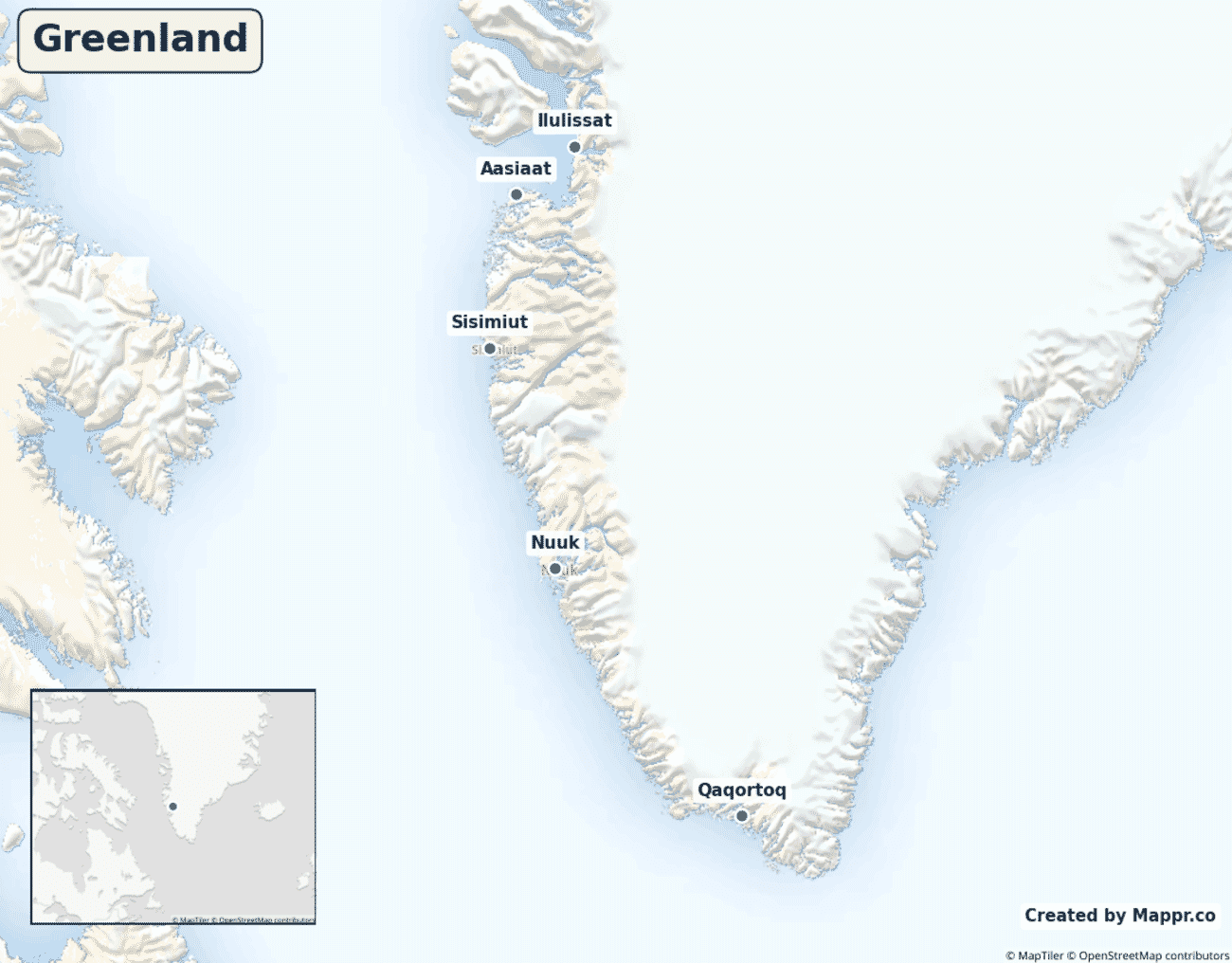Map of Greenland showing its largest cities