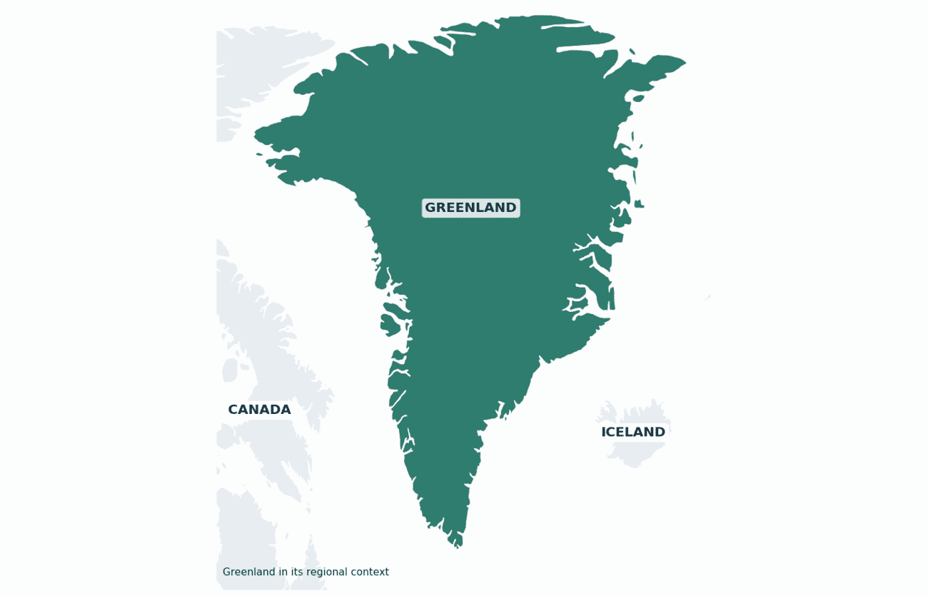 Greenland between Canada and Iceland in the North Atlantic