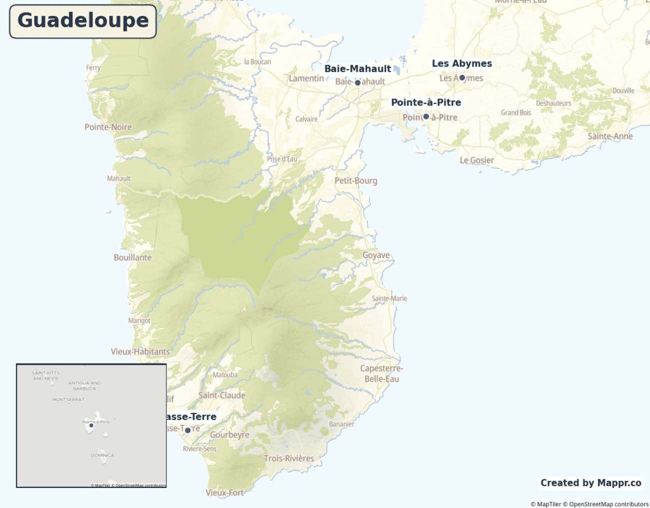 Detailed map of Guadeloupe showing its main towns