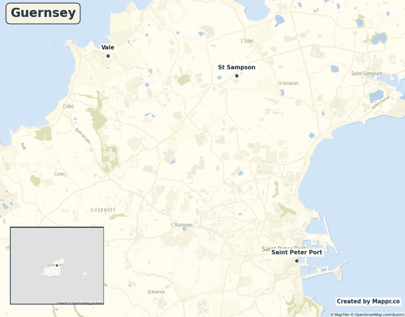 Detailed map of Guernsey showing its main towns
