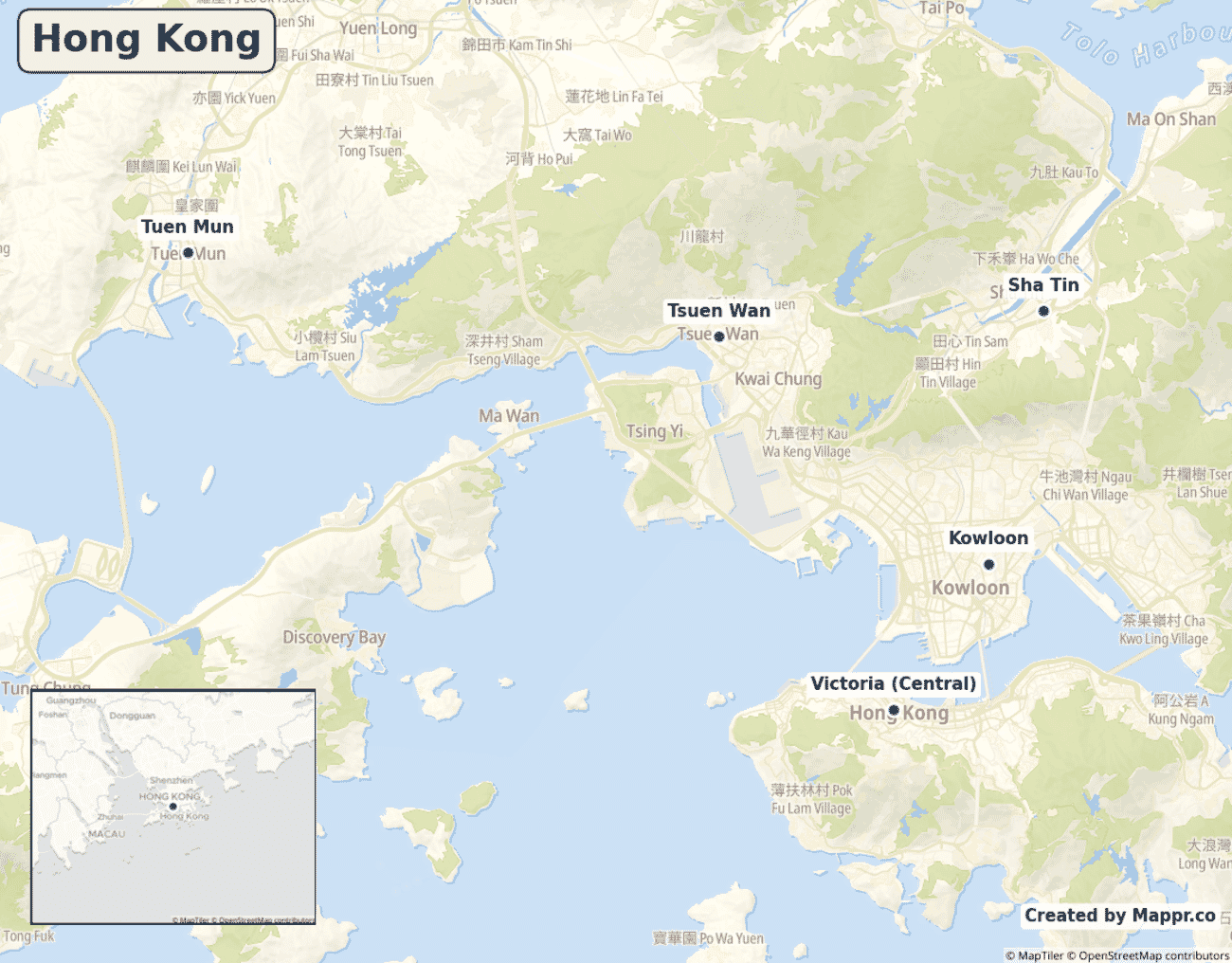 Map of Hong Kong showing its largest cities