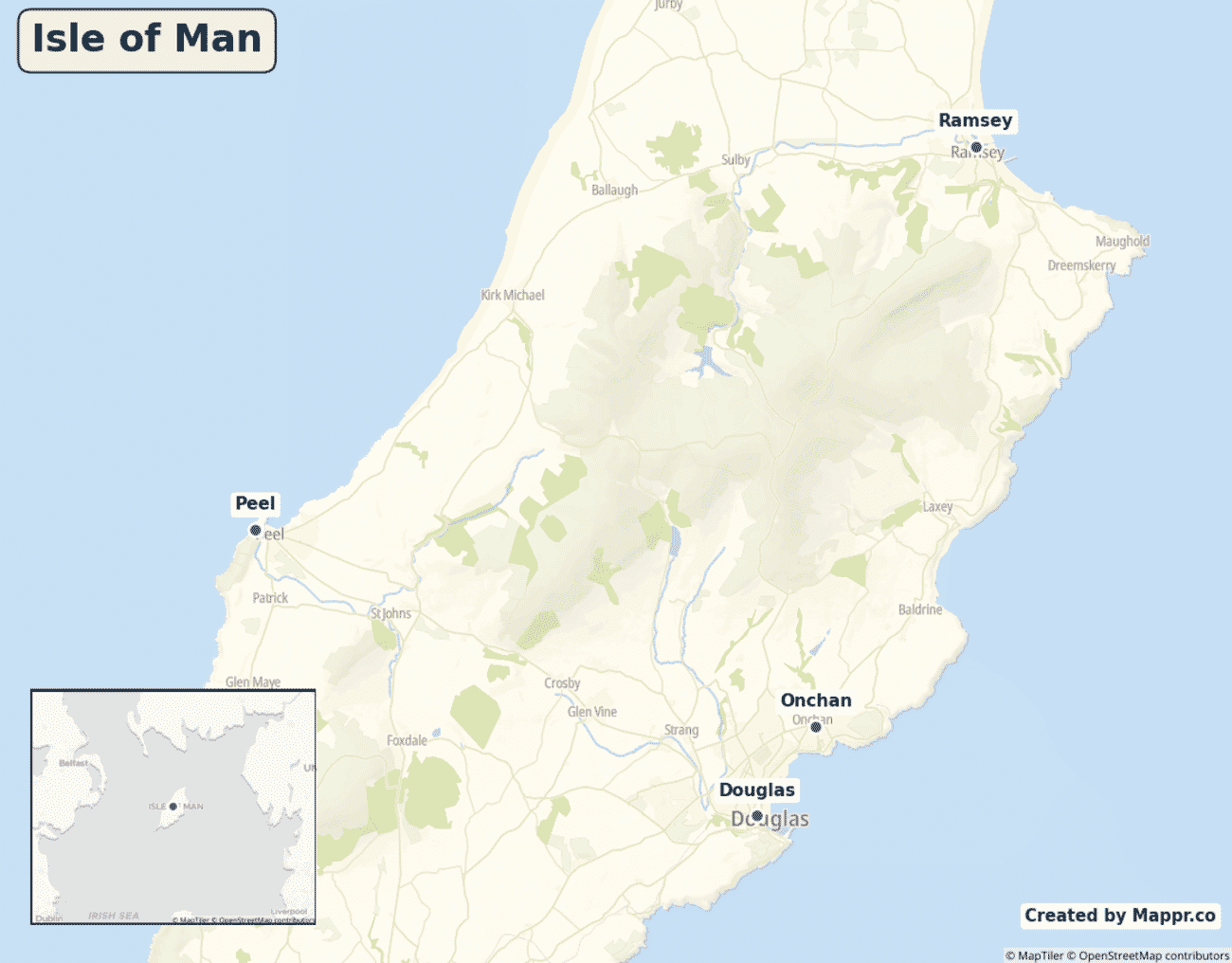 Map of the Isle of Man showing its largest cities