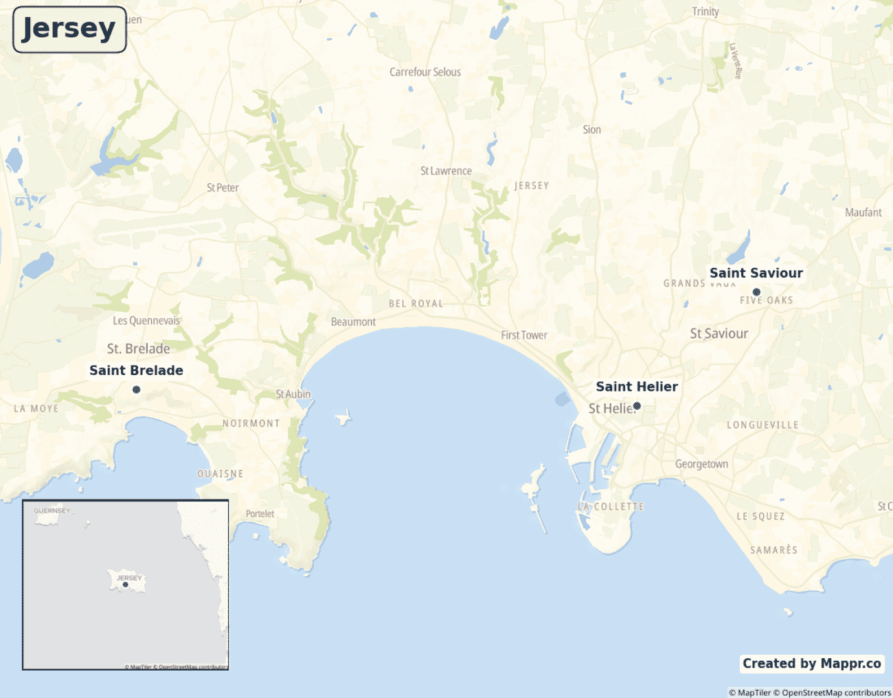 Detailed map of Jersey showing its main towns