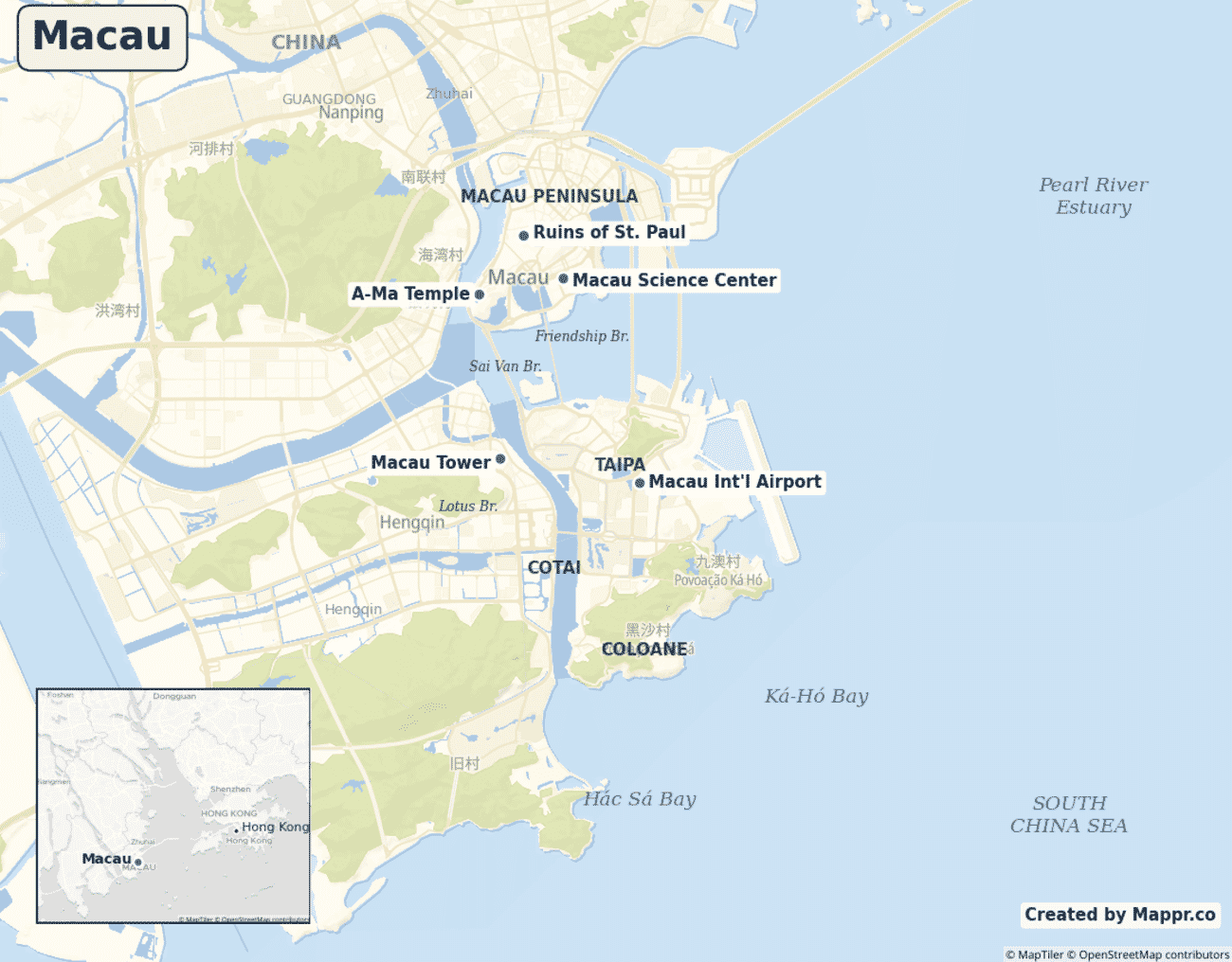 Detailed map of Macau showing its districts, landmarks and bridges
