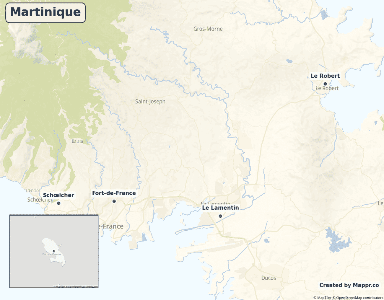Detailed map of Martinique showing its main towns