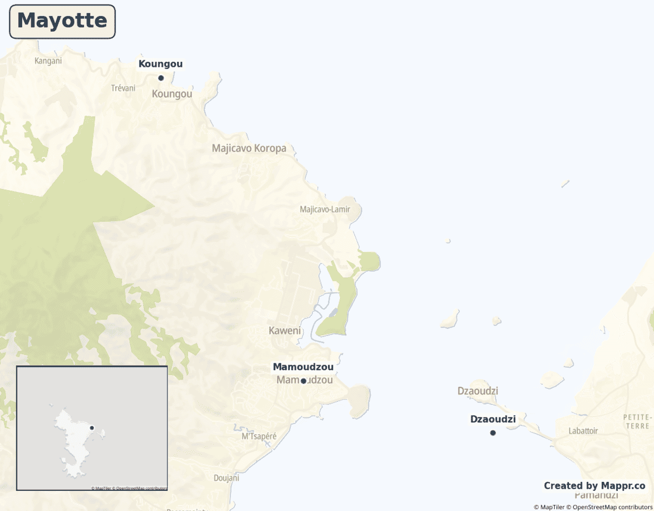 Detailed map of Mayotte showing its main towns