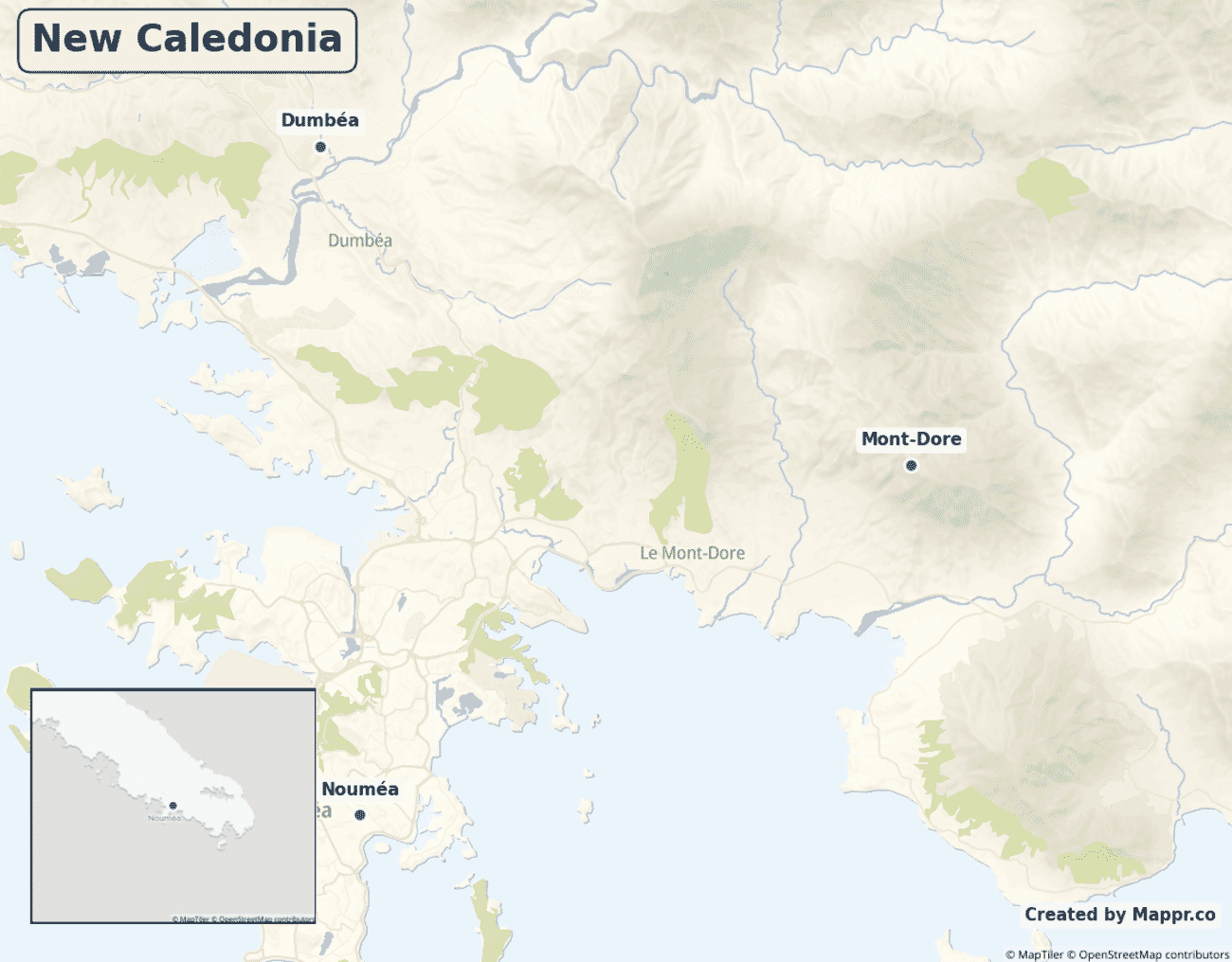 Map of New Caledonia showing its largest cities