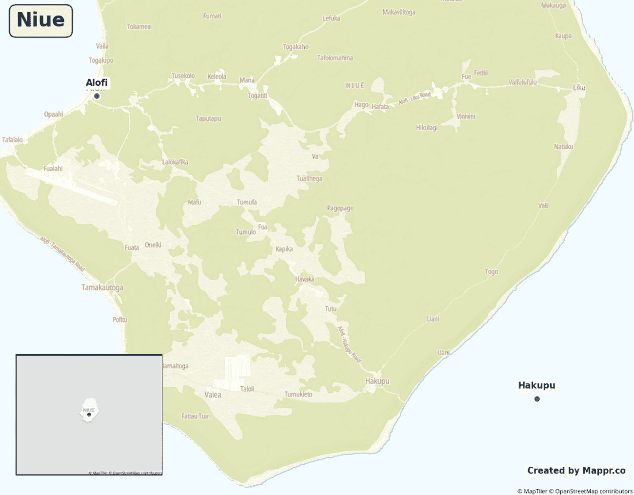 Detailed map of Niue showing its main towns
