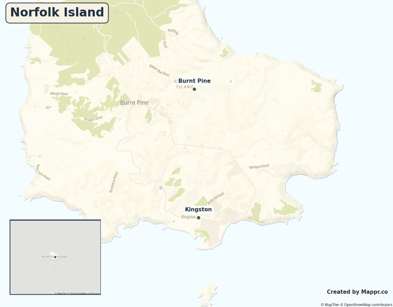 Detailed map of Norfolk Island showing its main towns