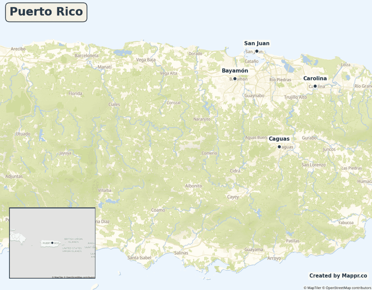 Map of Puerto Rico showing its largest cities
