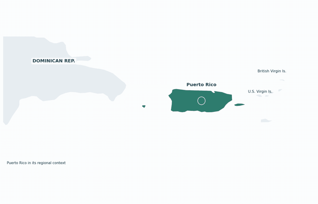 Puerto Rico between the Dominican Republic and the Virgin Islands
