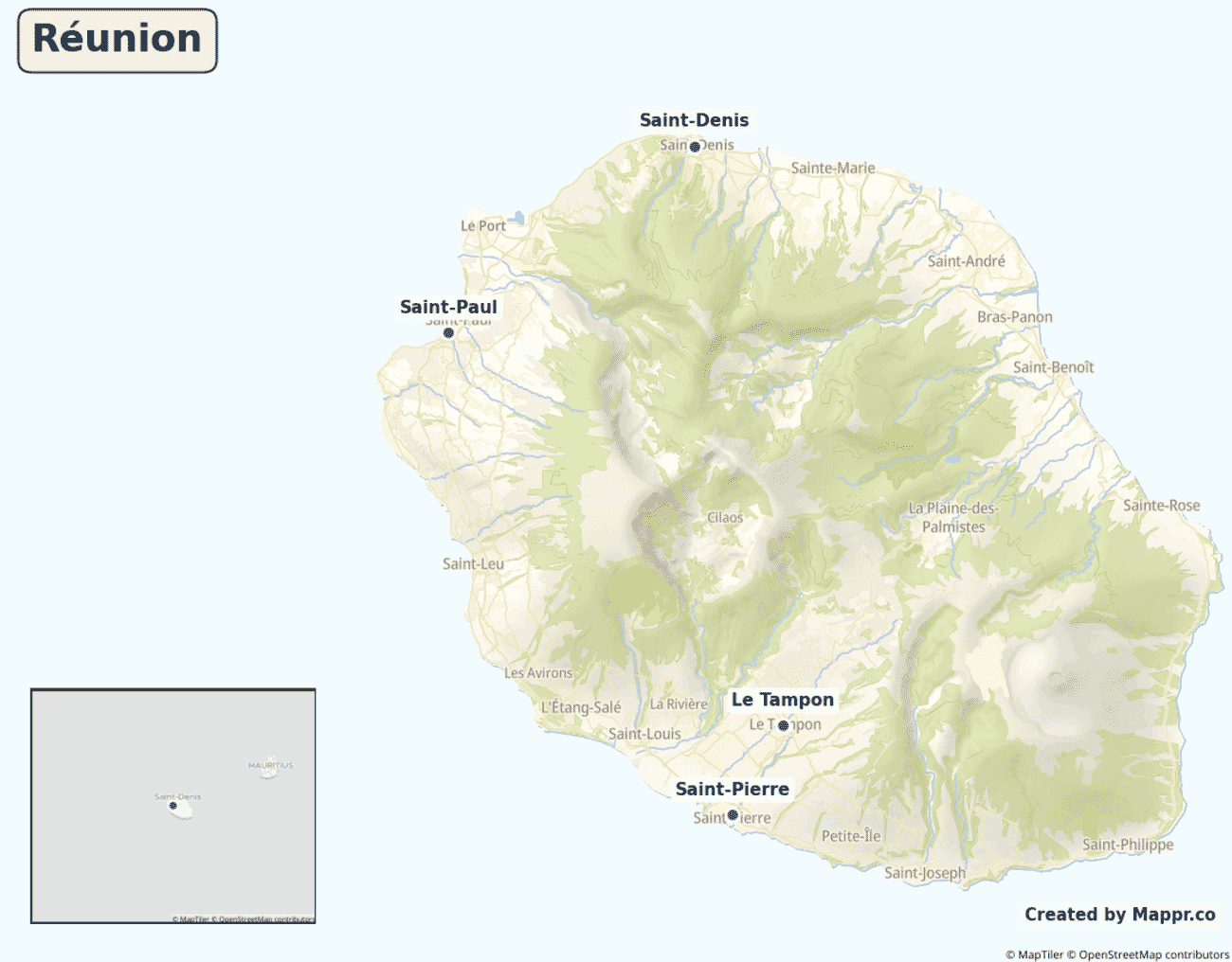 Detailed map of Réunion showing its main towns