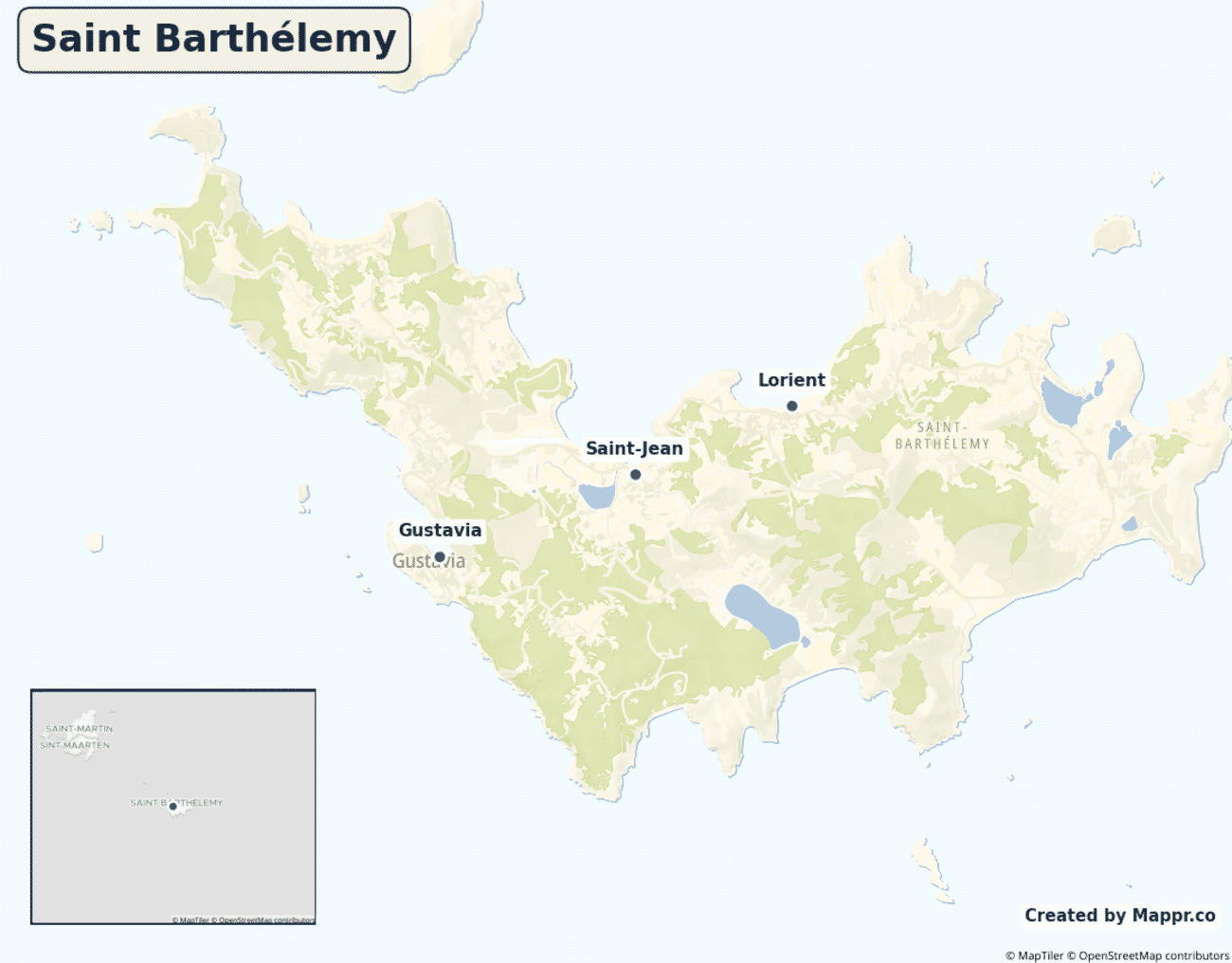 Detailed map of Saint Barthélemy showing its main towns