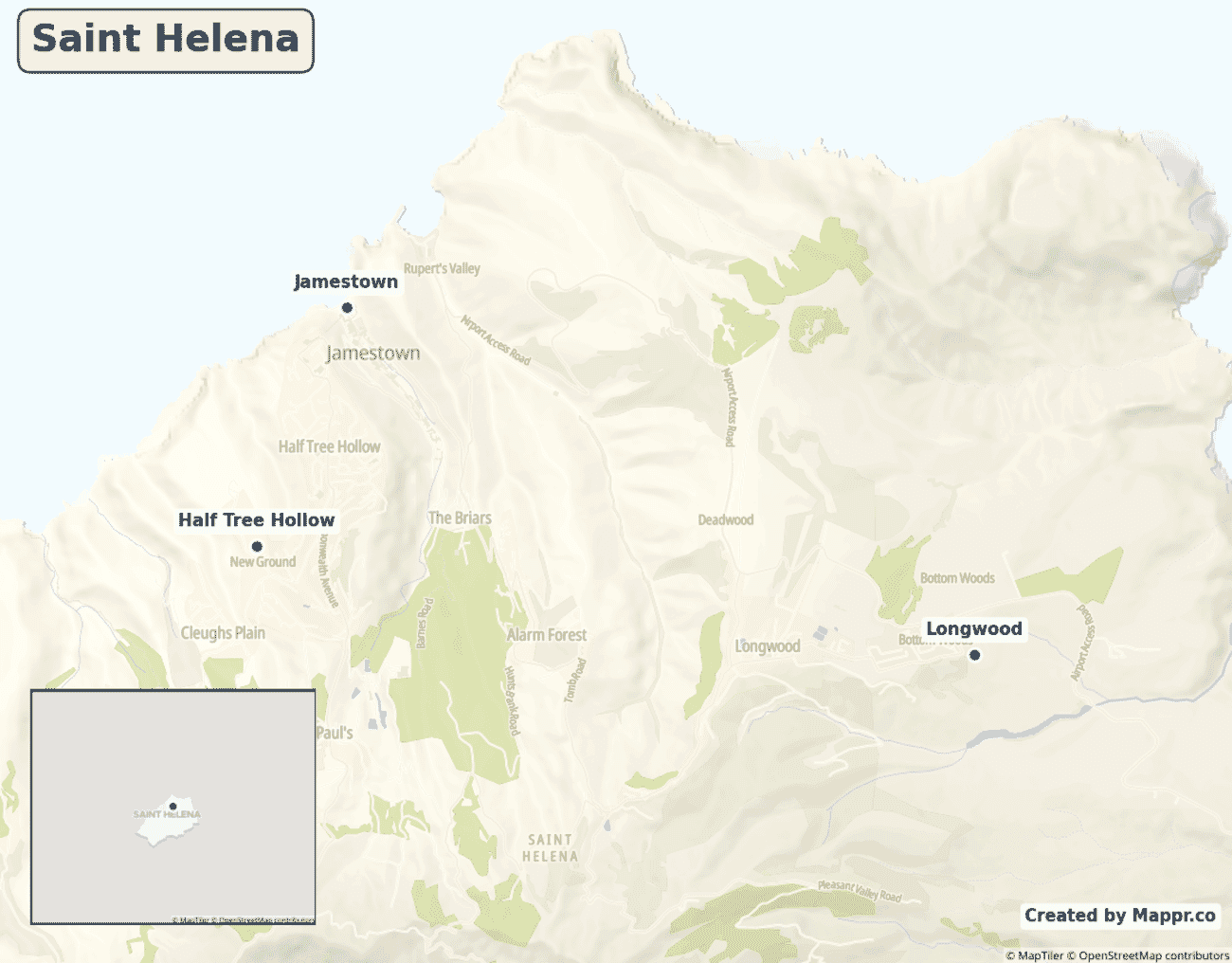 Detailed map of Saint Helena showing its main towns