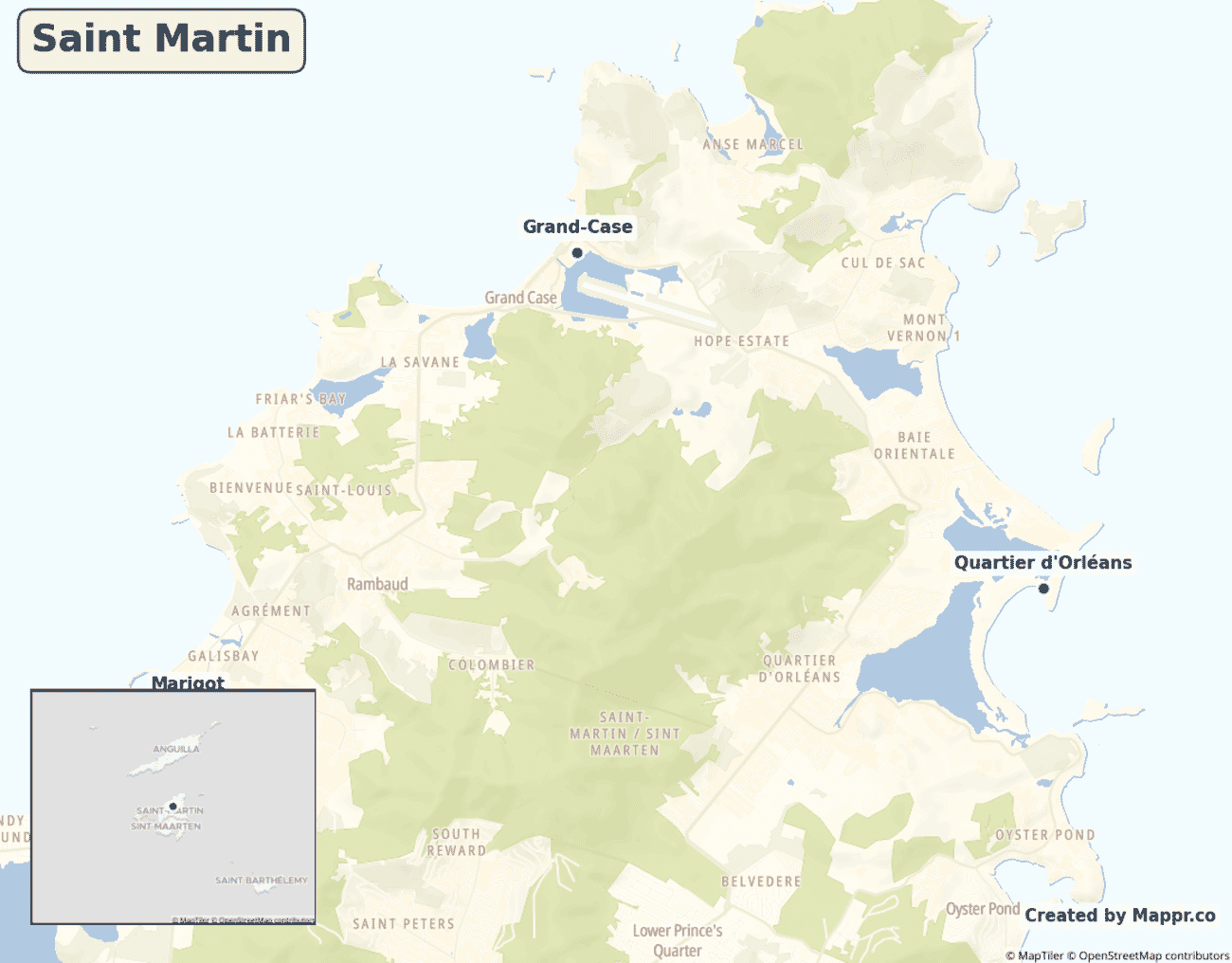 Detailed map of Saint Martin showing its main towns