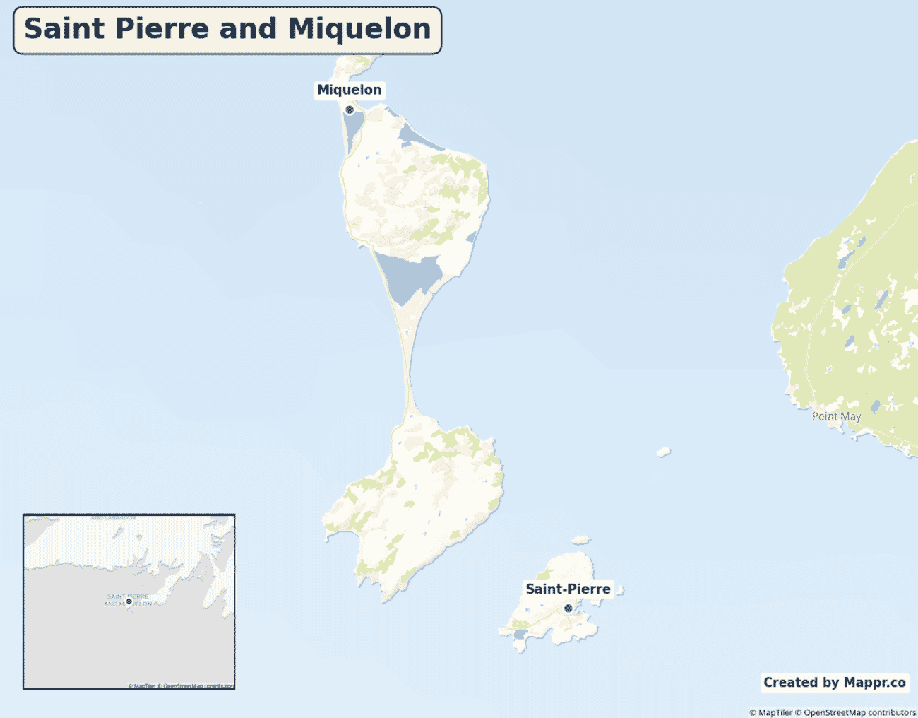 Detailed map of Saint Pierre and Miquelon showing its main towns